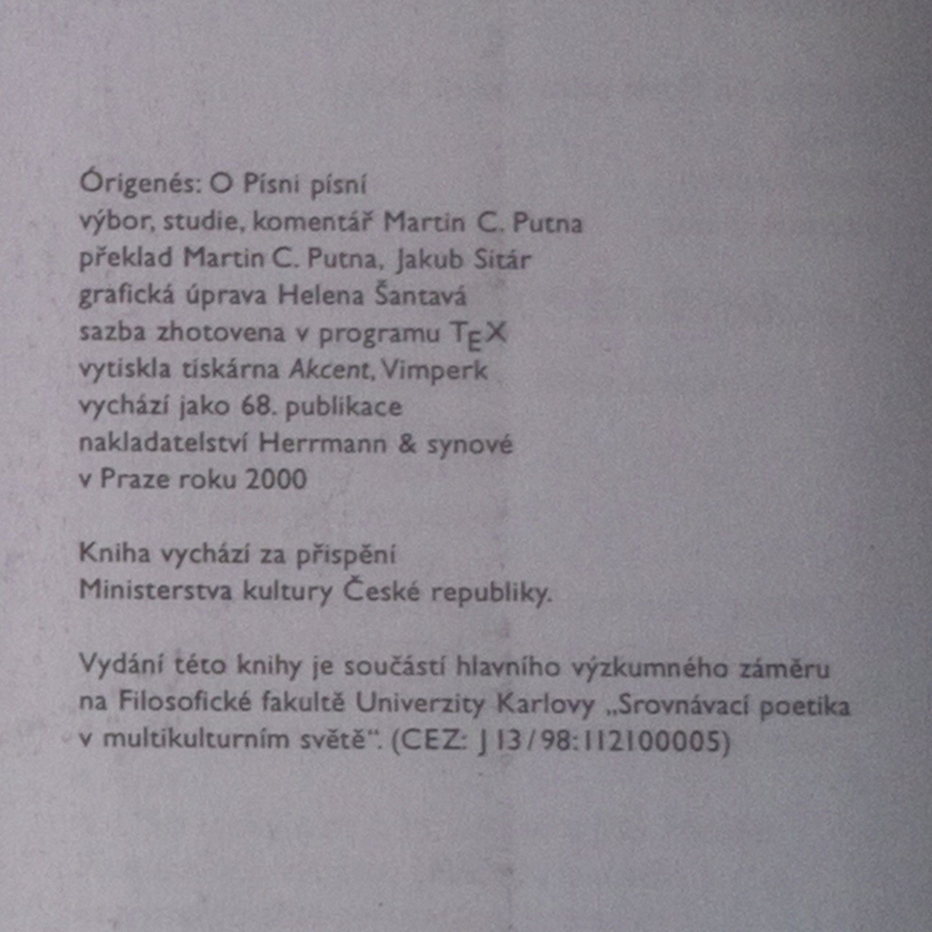 Martin C. Putna Órigenés. O Písni písní