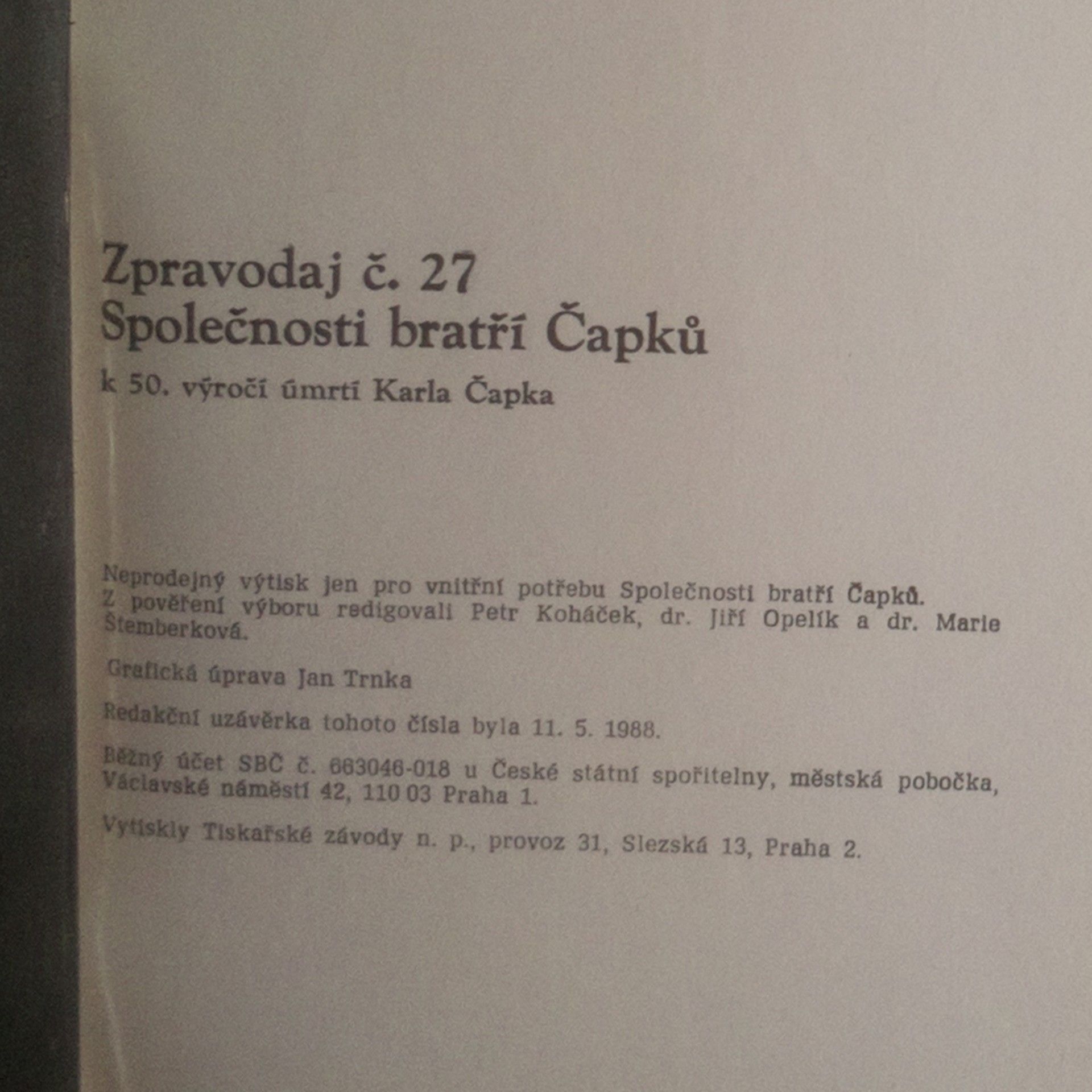 Kolektív autorov Zpravodaj SBČ č. 27. Společnost bratří Čapků