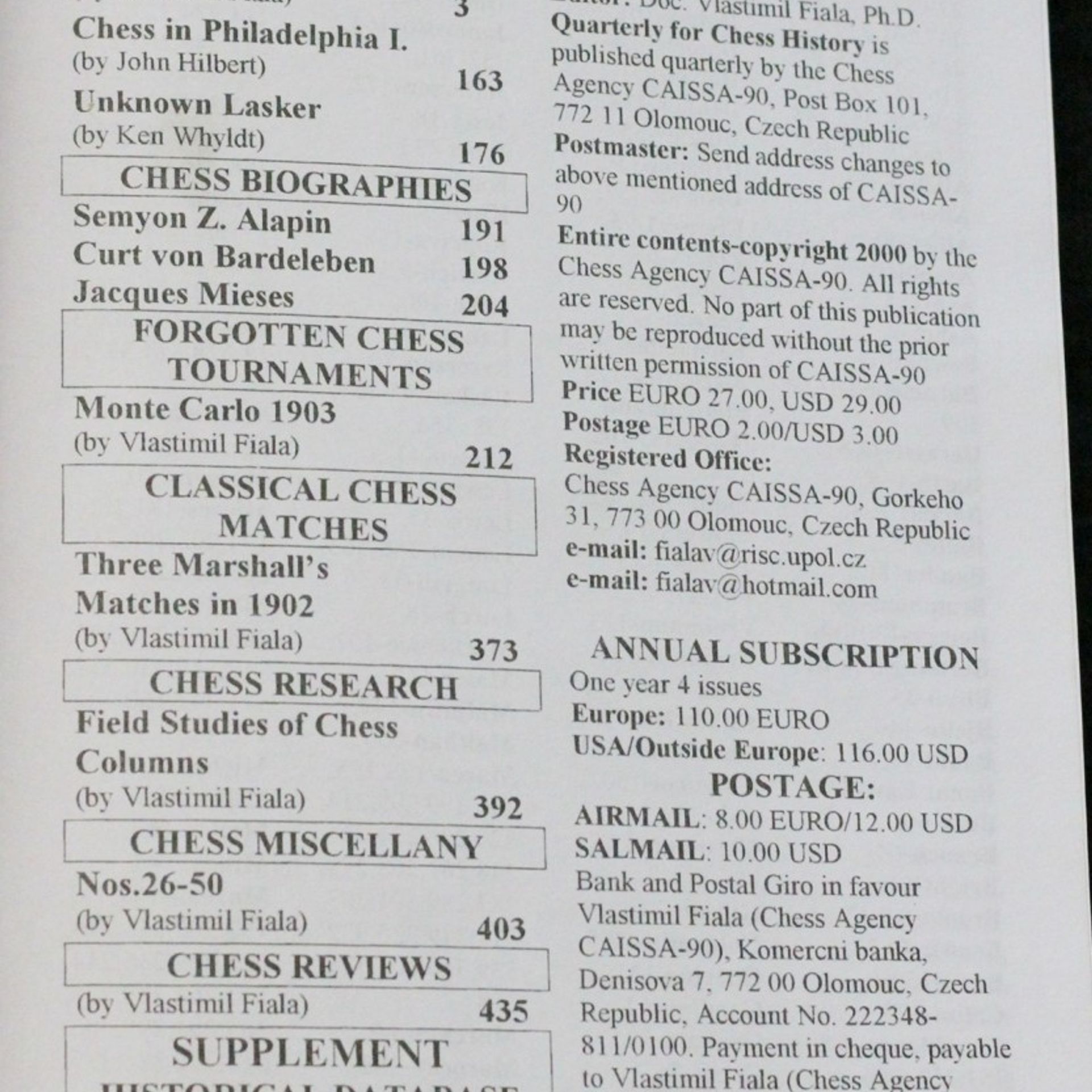 Various authors Quarterly for chess history, summer 2/1999