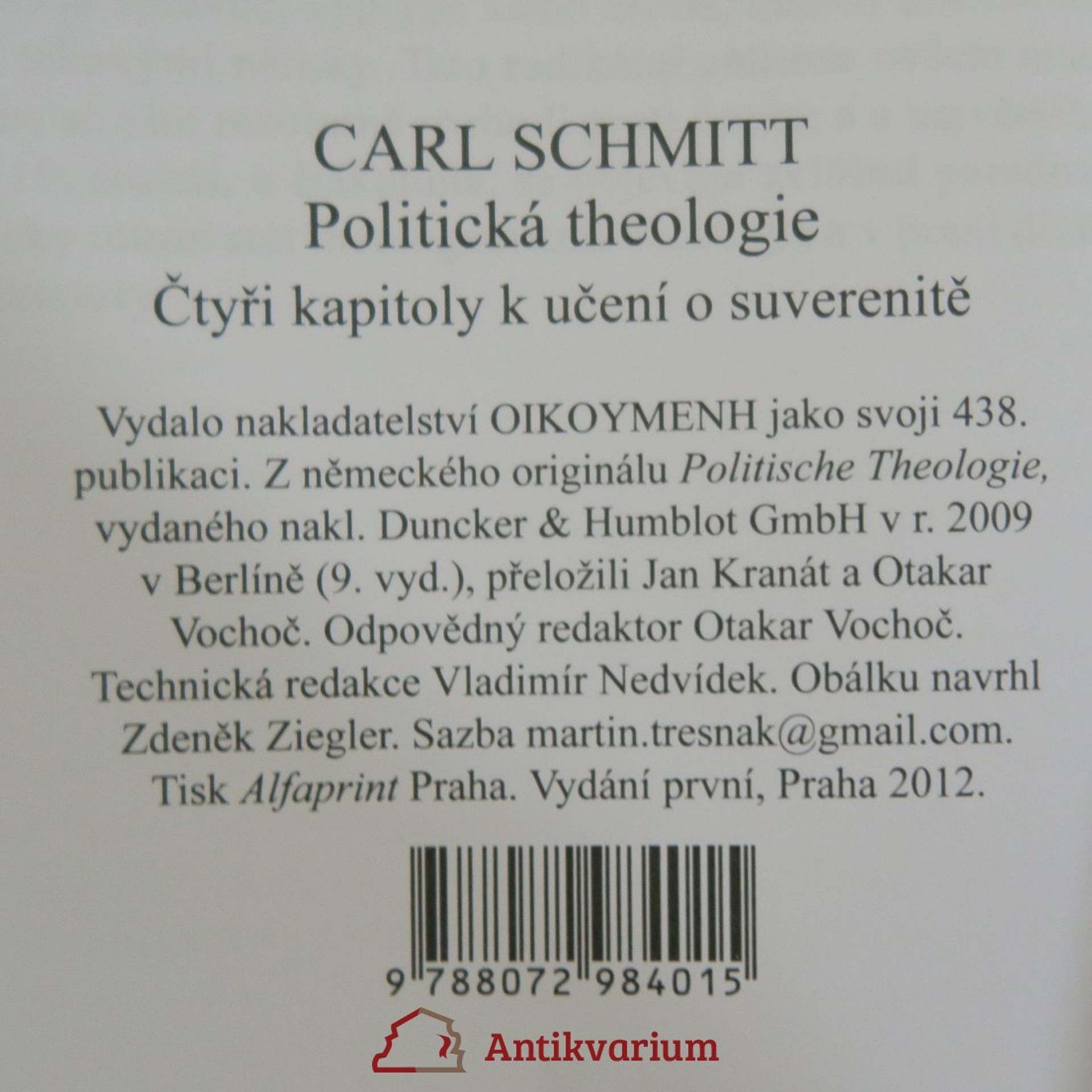 Carl Schmitt Politická theologie : čtyři kapitoly k učení o suverenitě