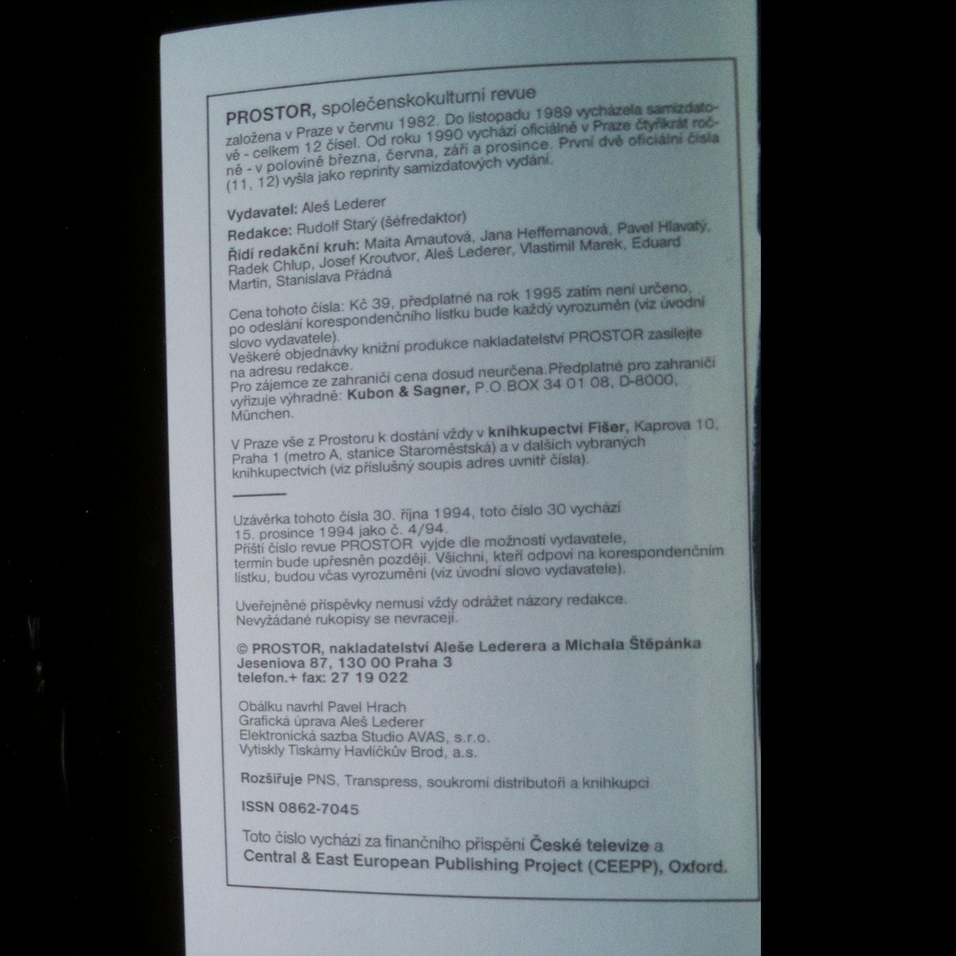 Autorenkollektiv Prostor 30. (VII. ročník, č. 4/94, zima 1994)