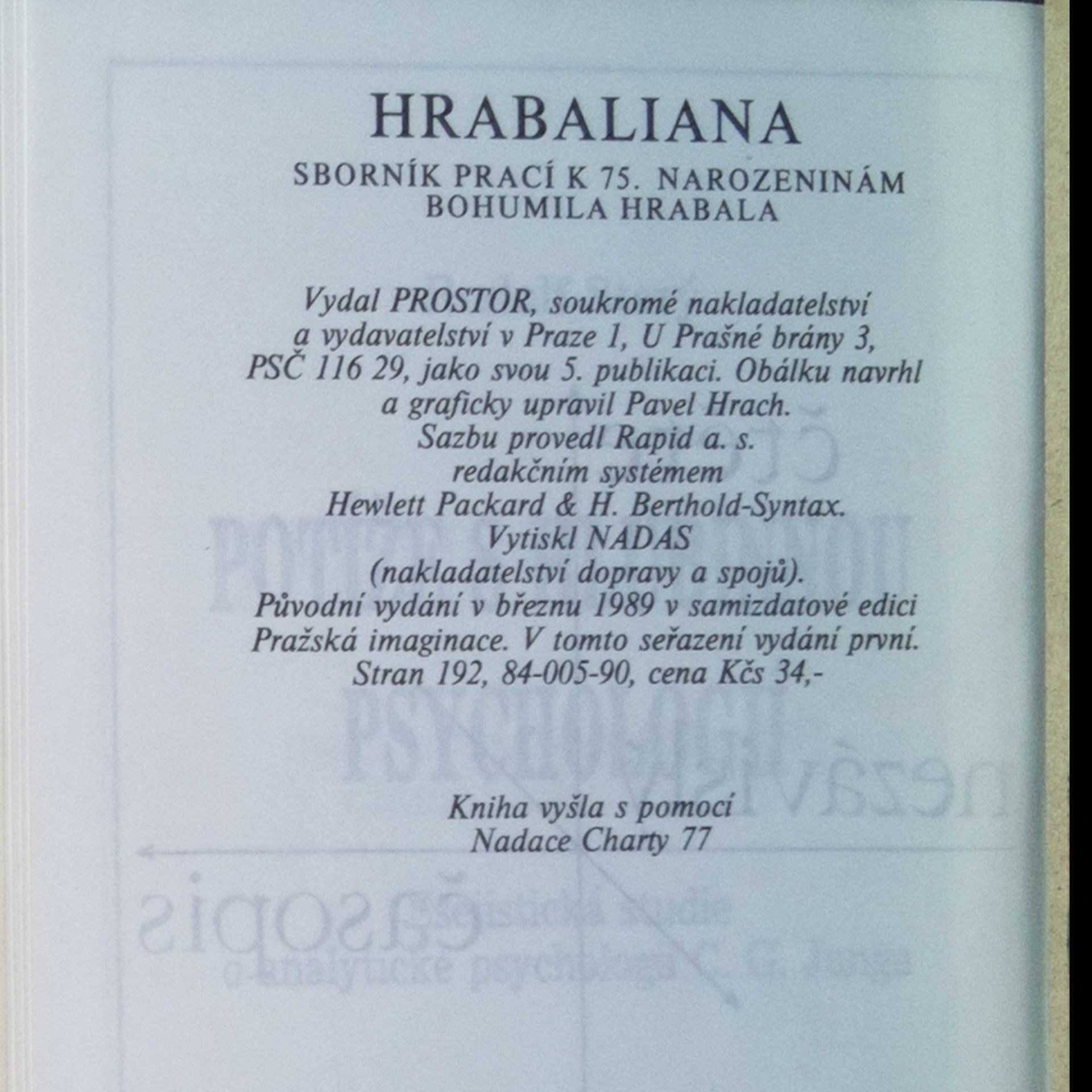 Collectif d'auteurs Hrabaliana. Sborník prací k 75. narozeninám Bohumila Hrabala