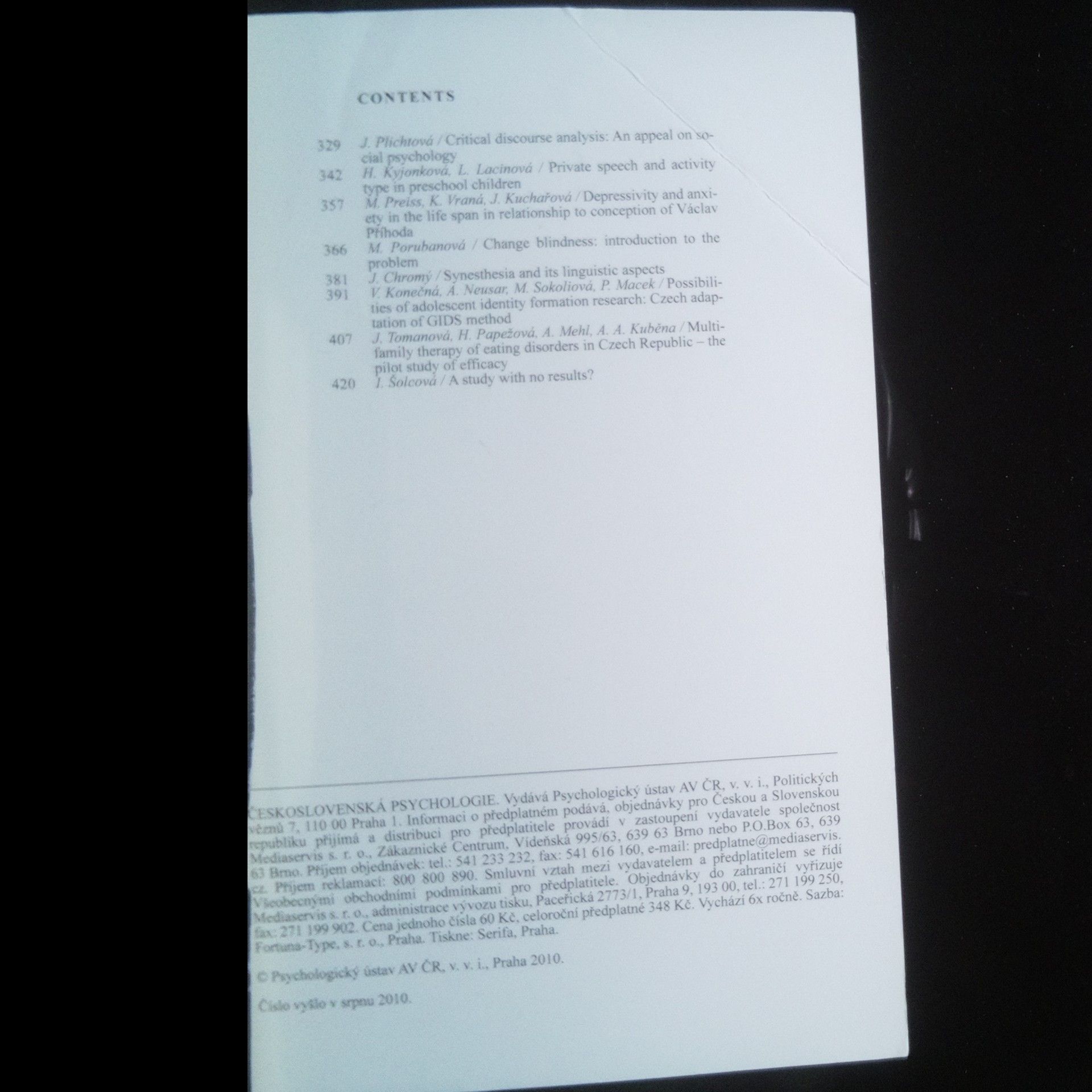 Various authors Československá psychologie. Časopis pro psychologickou teorii a praxi. Č. 4, Roč. 54