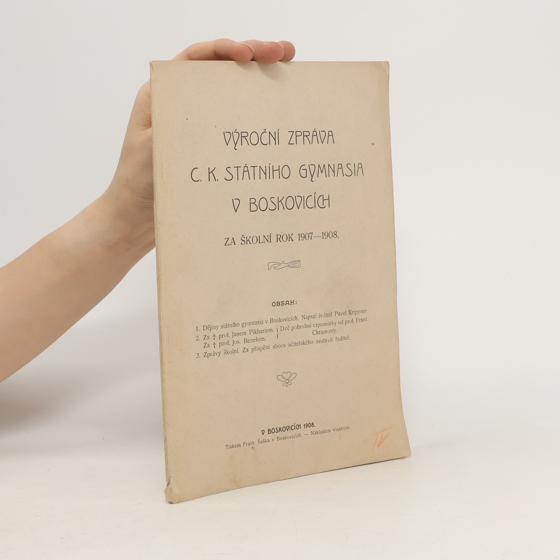 Collectif d'auteurs Výroční zpráva C. K. Gymnasia v Boskovicích 1907-1908