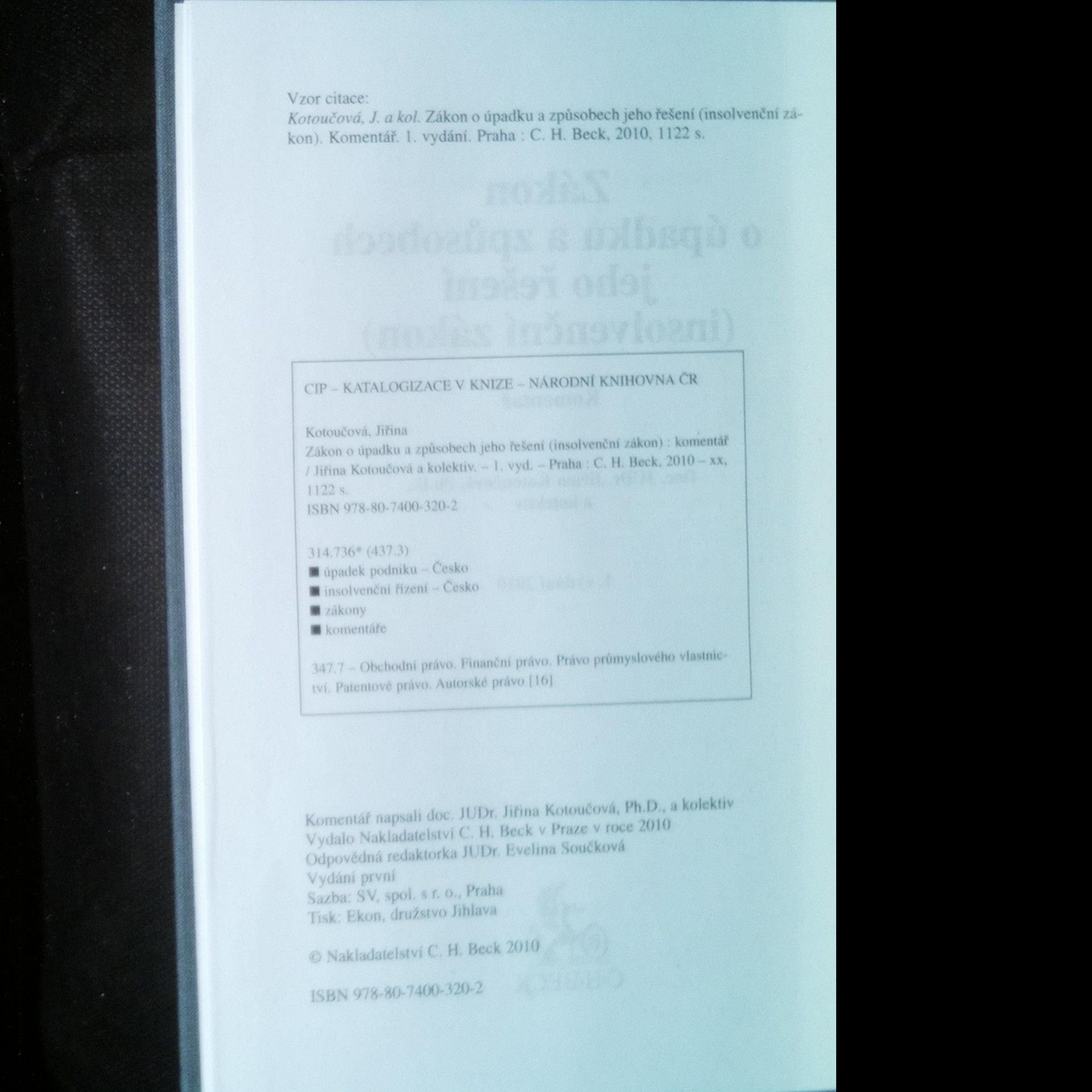 Jiřina Kotoučová Zákon o úpadku a způsobech jeho řešení (insolvenční zákon) : komentář