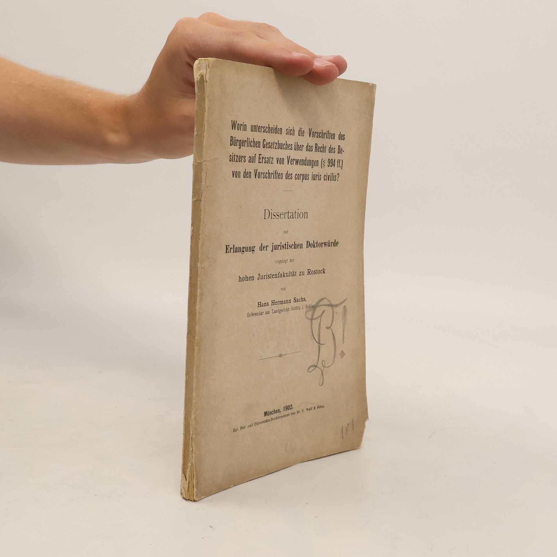 Hans Hermann Sachs Dissertation zur Erlangung der juristischen Doktorwürde