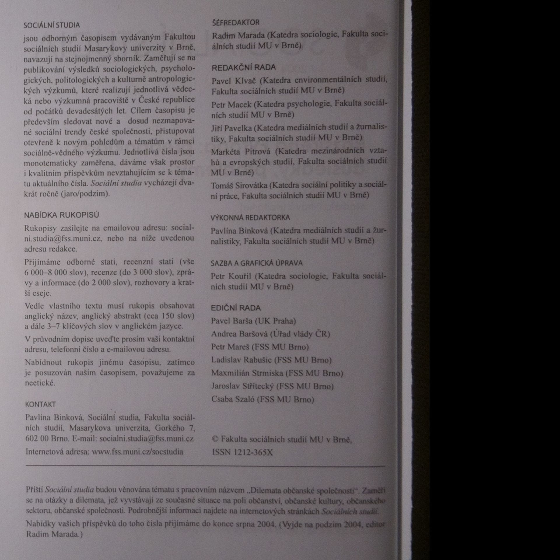 Kolektiv autorů Sociální studia. Rozšířená Evropa: předpoklady, důsledky, problémy (1/2004)