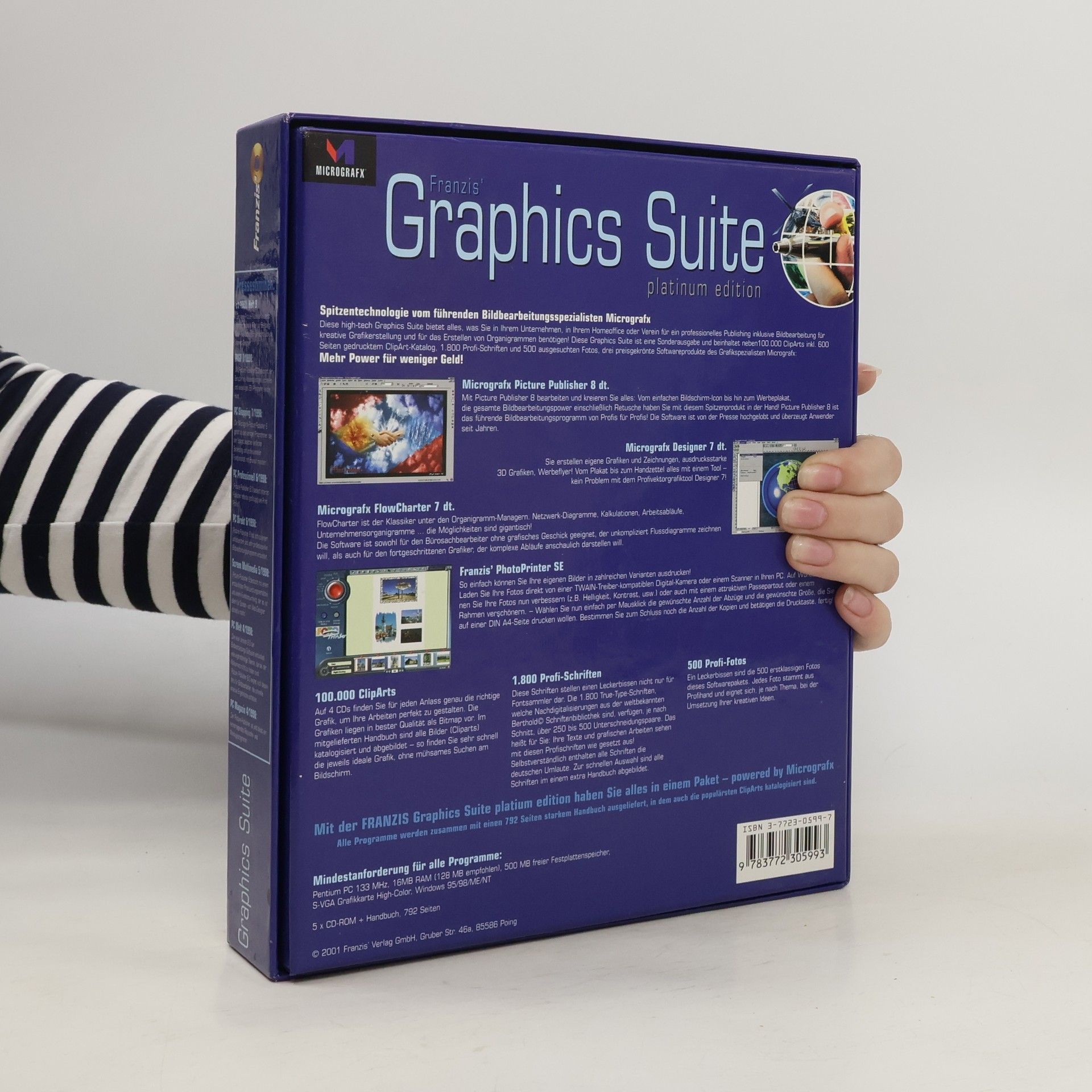 kolektiv Franzis' Graphics Suite platinum edition : die umfassende Grafiklösung für den professionellen Einsatz ; Picture Publisher 8, Designer 7, ABC FlowCharter 7, 100.000 ClipArts, 1800 Schriften, 500 Photos, Franzis' PhotoPrinter SE. Handbuch & ClipArt-Katalog