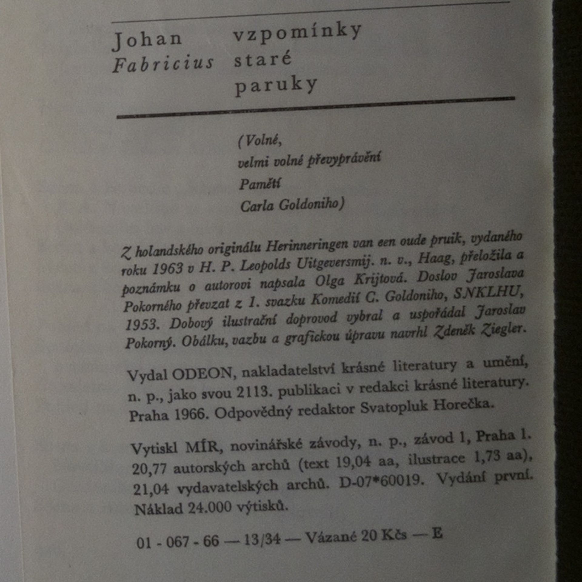 Johan Fabricius Vzpomínky staré paruky