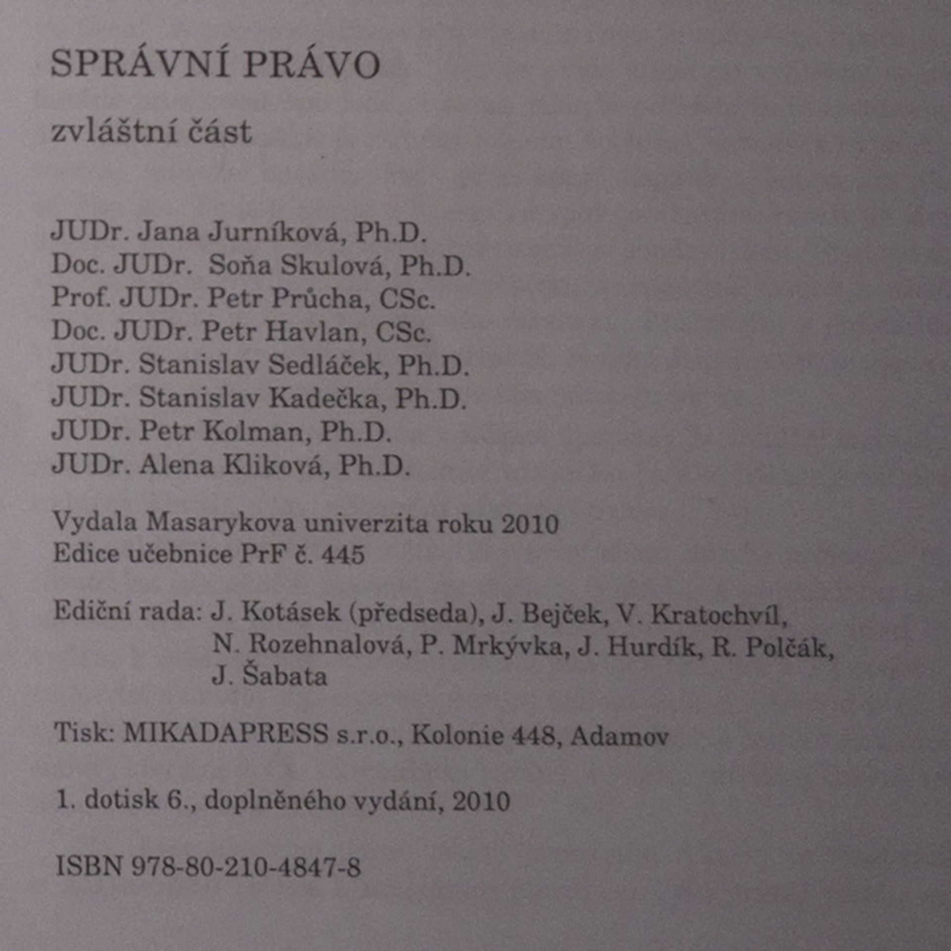 Jana Jurníková Správní právo. Zvláštní část