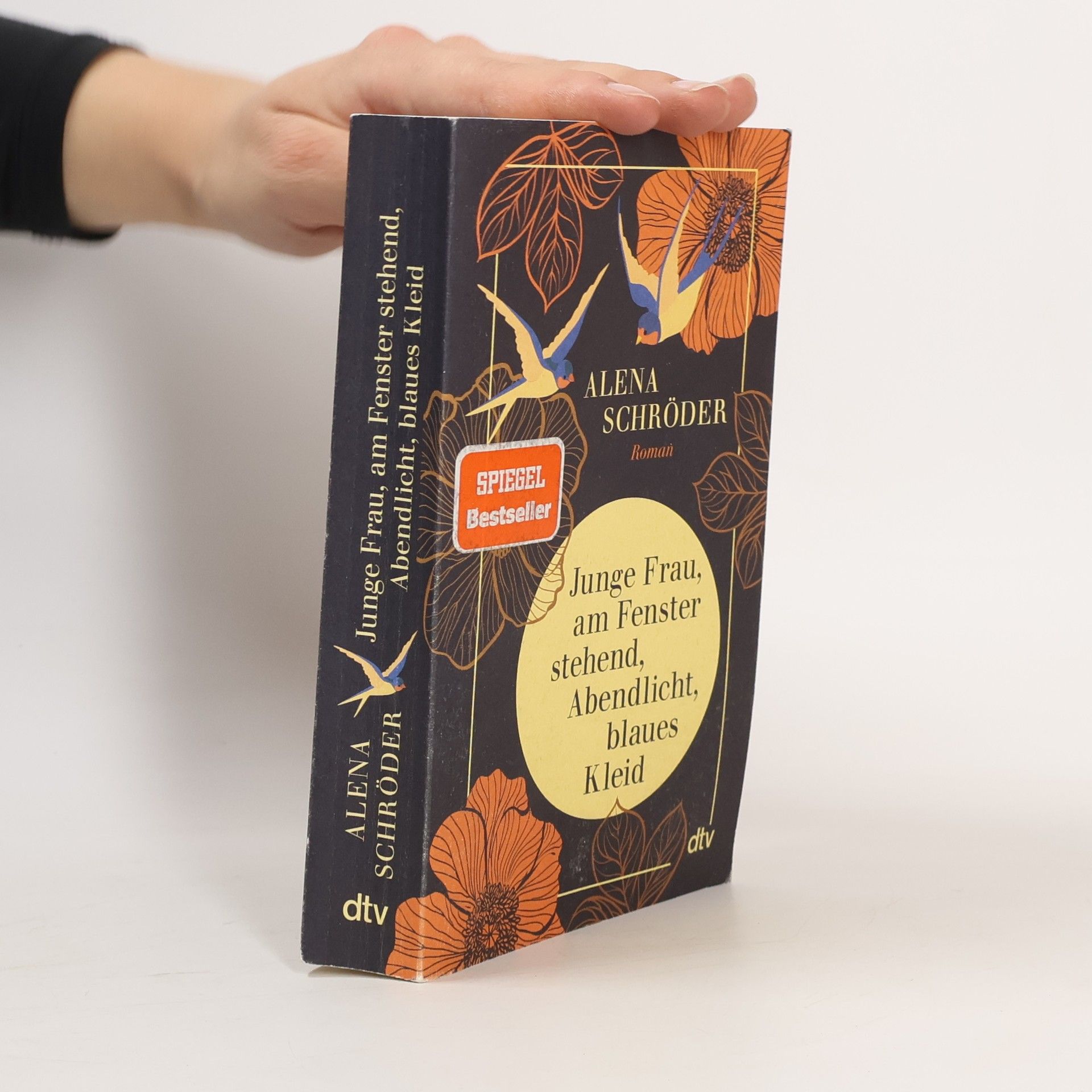 Alena Schröder Junge Frau, am Fenster, stehend, Abendlicht, blaues Kleid