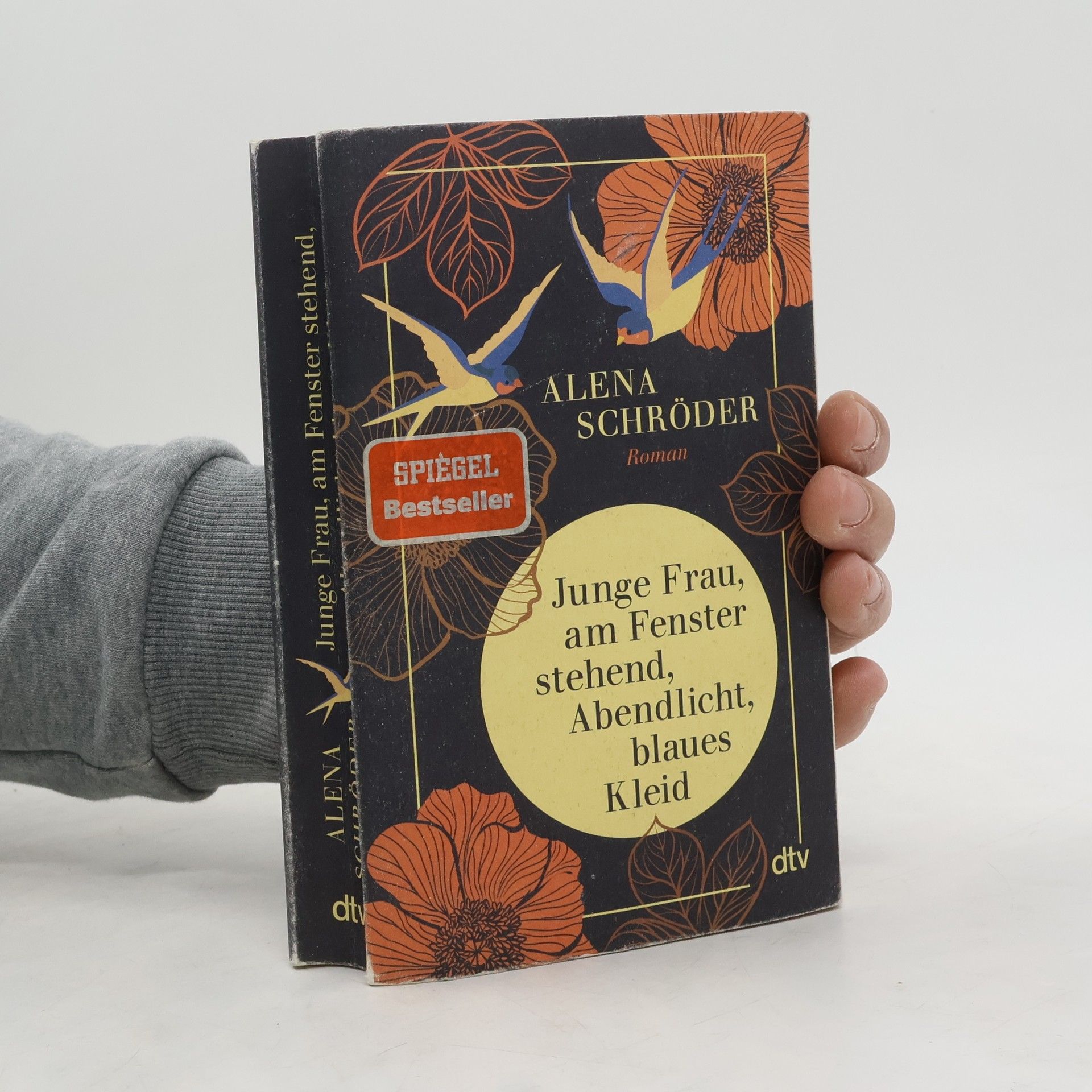 Alena Schröder Junge Frau, am Fenster, stehend, Abendlicht, blaues Kleid