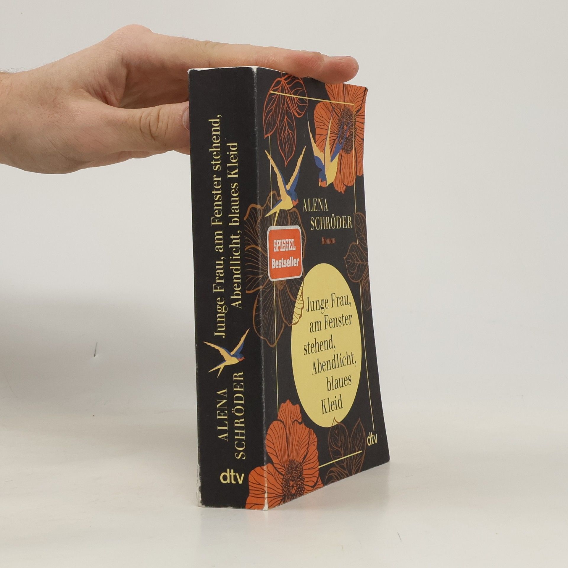 Alena Schröder Junge Frau, am Fenster, stehend, Abendlicht, blaues Kleid