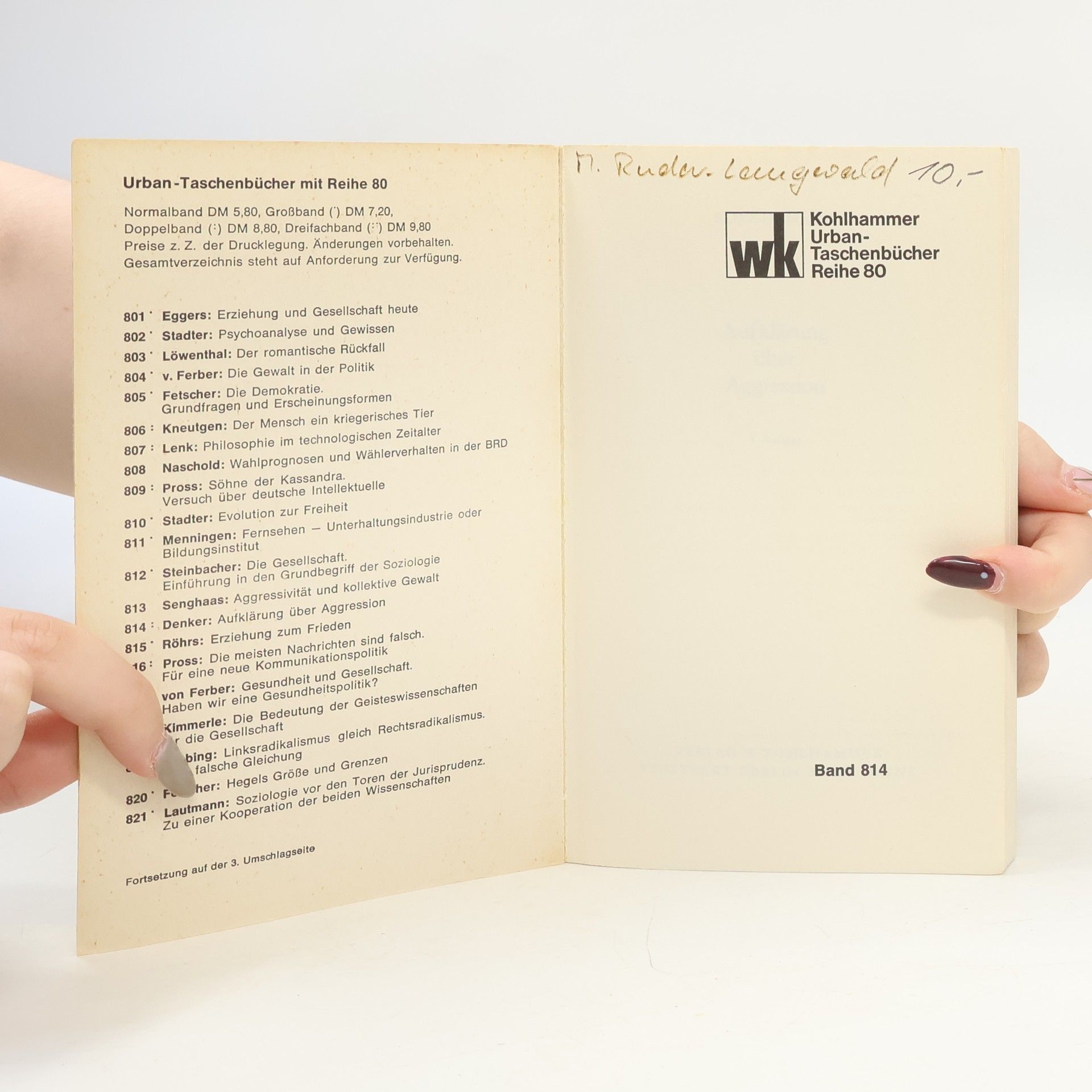 Rolf Denker Urban-Taschenbücher - Reihe 80, 814: Aufklärung über Aggression