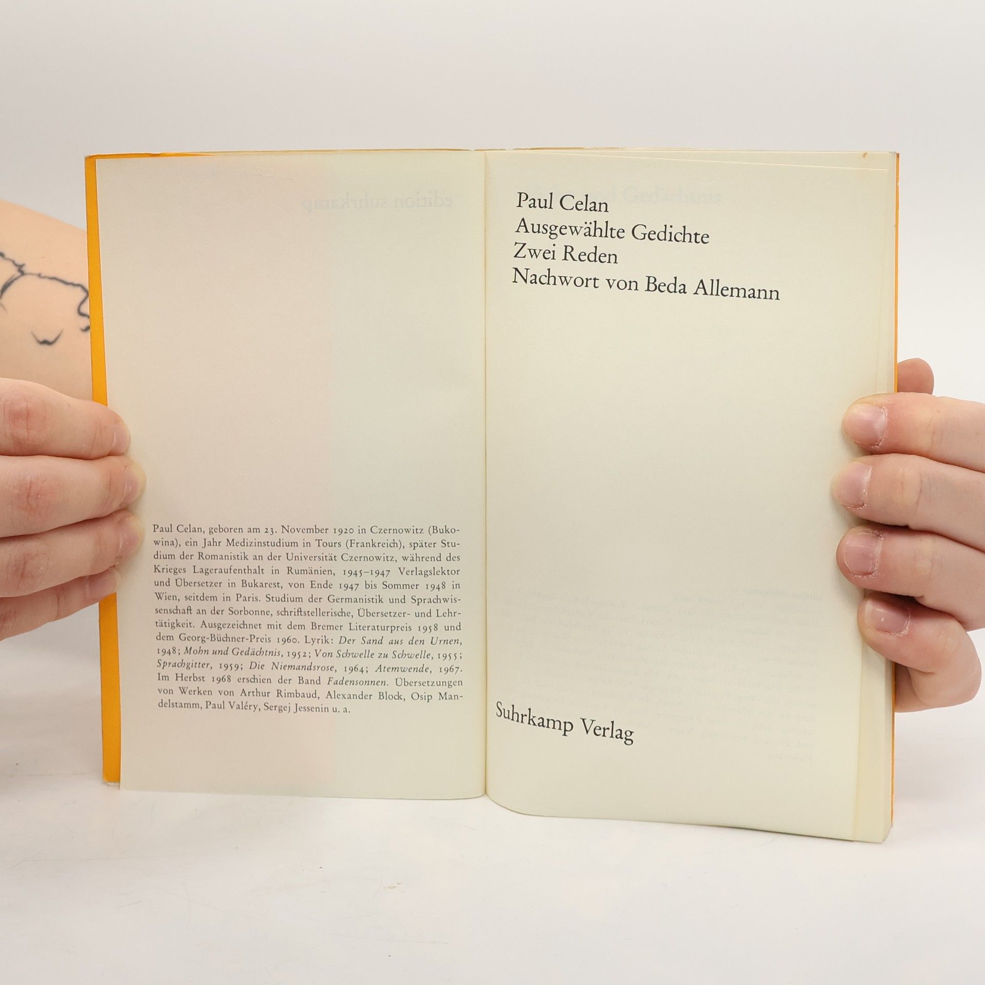 Paul Celan Ausgewählte Gedichte. Nachwort von Beda Allemann