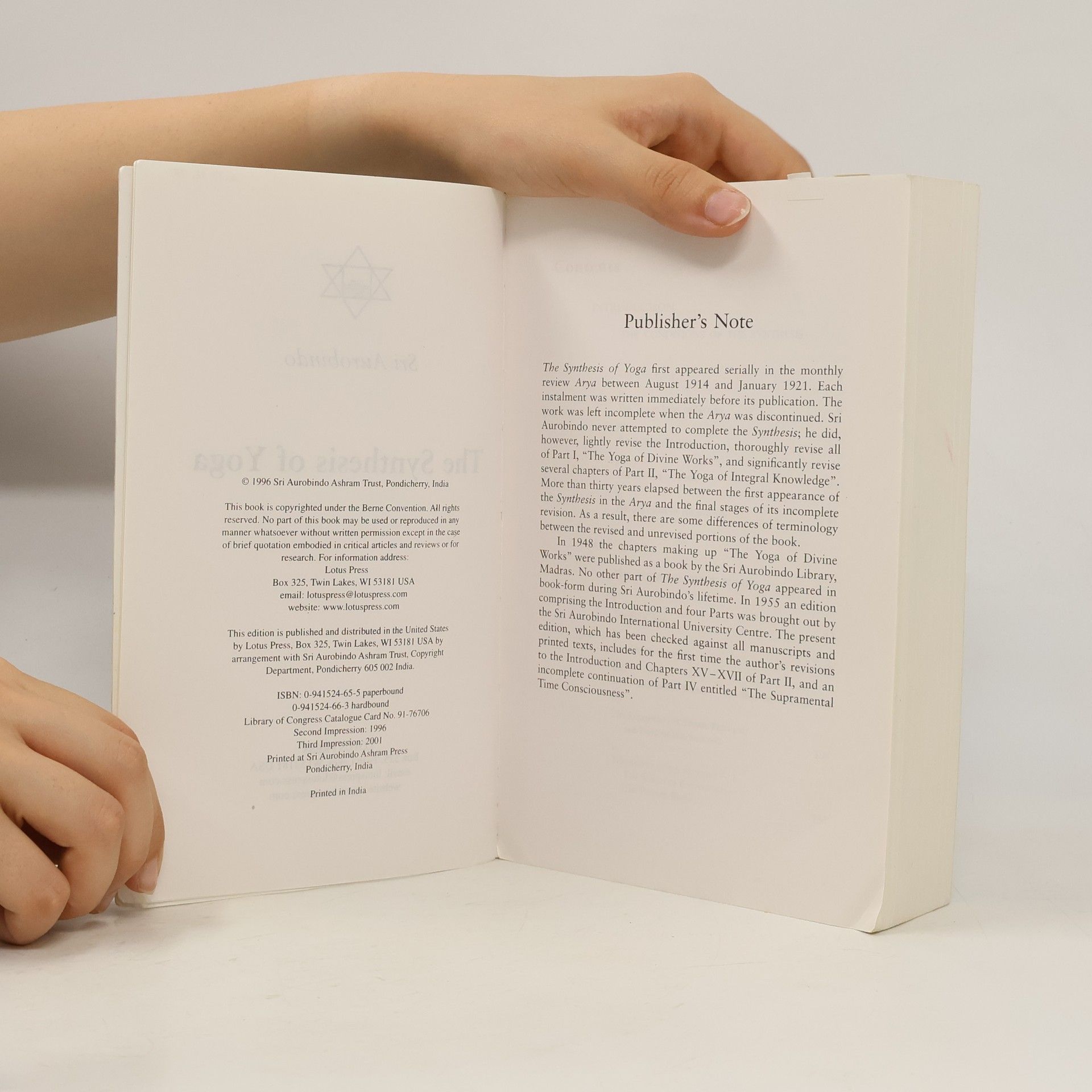 Sri Aurobindo Ghose Synthesis of Yoga, Us Edition
