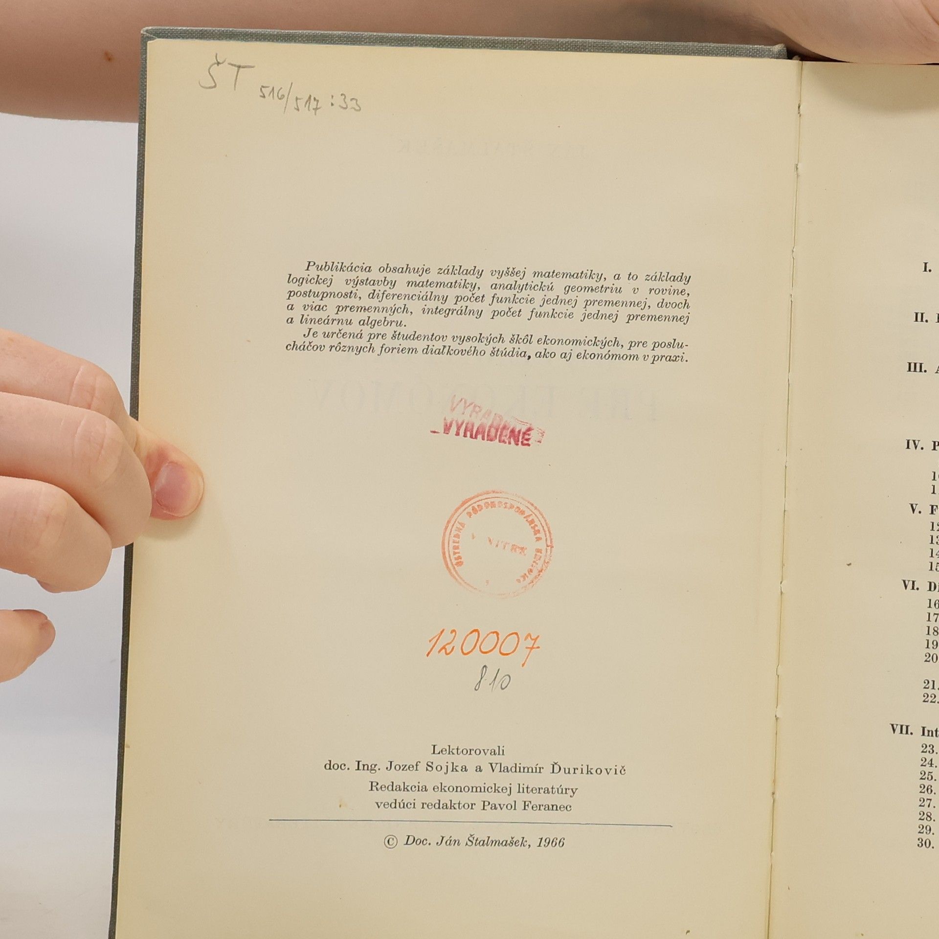 Ján Štalmašek Vyššia matematika pre ekonómov