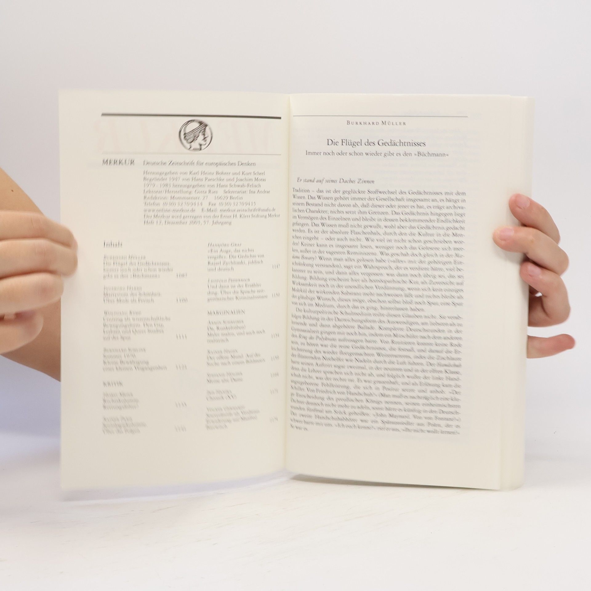 Lothar Müller Merkur. Deutsche Zeitschrift für europäisches Denken, Nr. 656, Heft 12, 57. Jahrgang, Dezember 2003