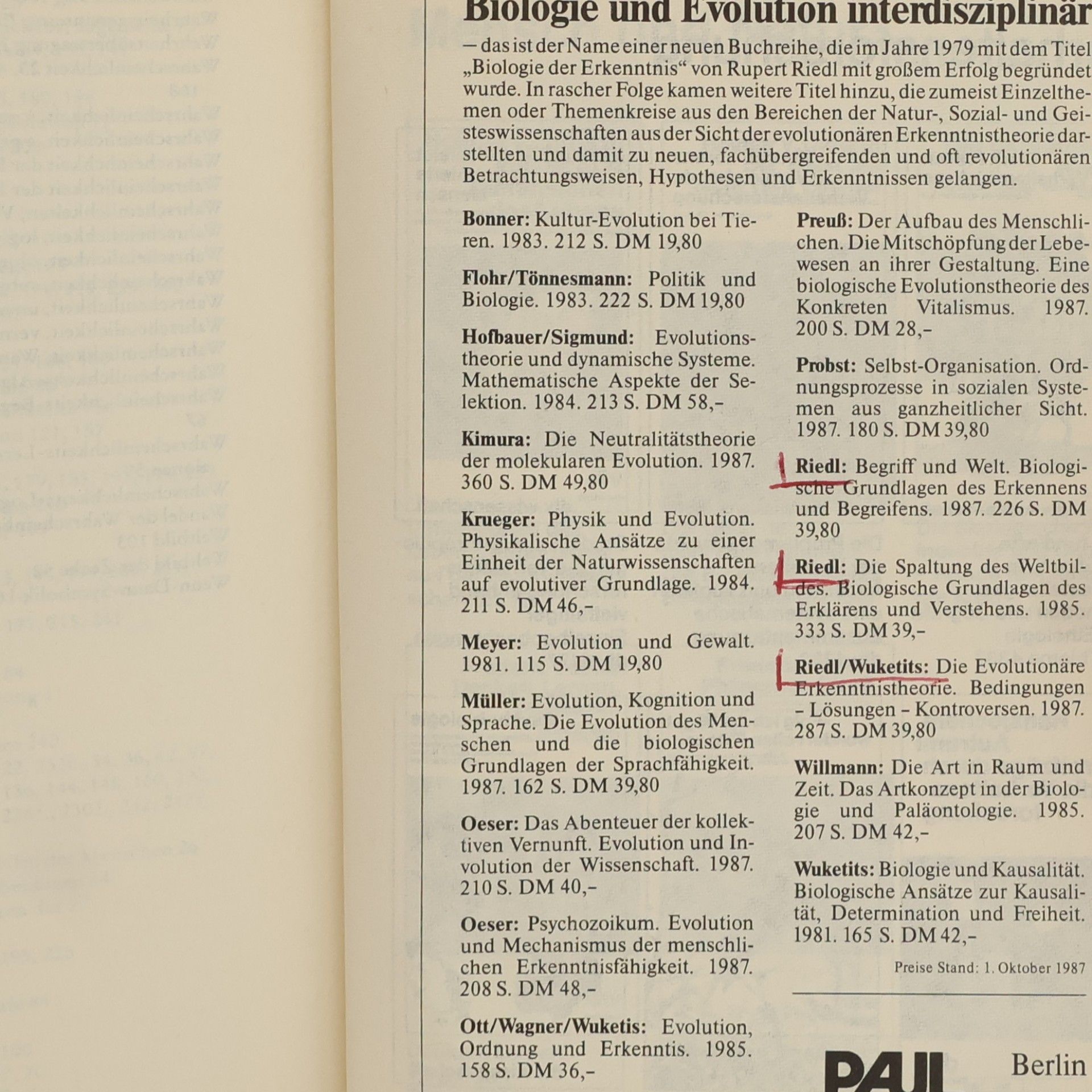 Rupert Riedl Biologie der Erkenntnis