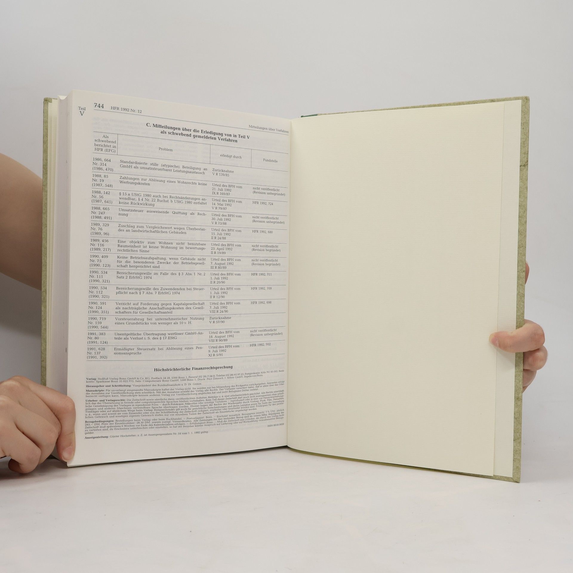 Autorenkollektiv HFR Höchstrichterliche Finanzrechtsprechung Jahresregister 1992
