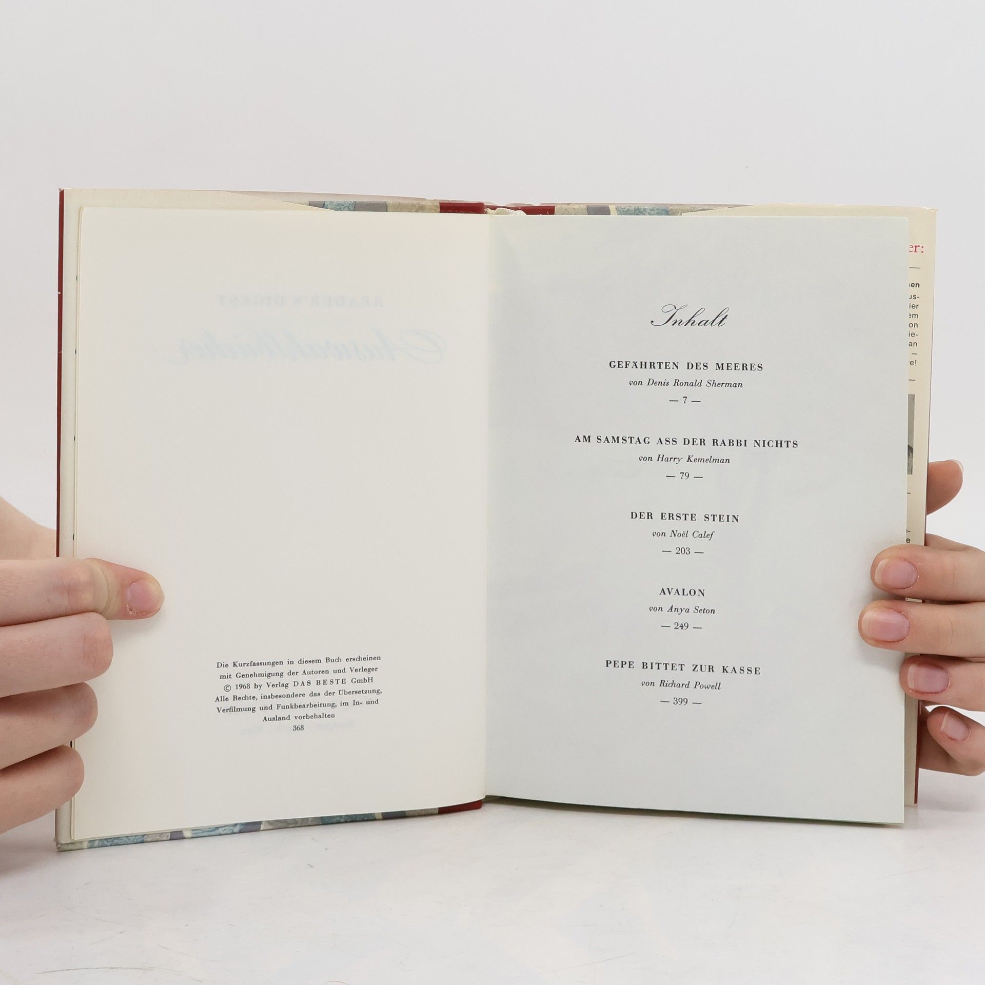 Harry Kemelman Readers Digest Auswahlbücher: Gefährten des Meeres; Am Samstag aß der Rabbi nichts; Der erste Stein; Avalon; Pepe bittet zur Kasse