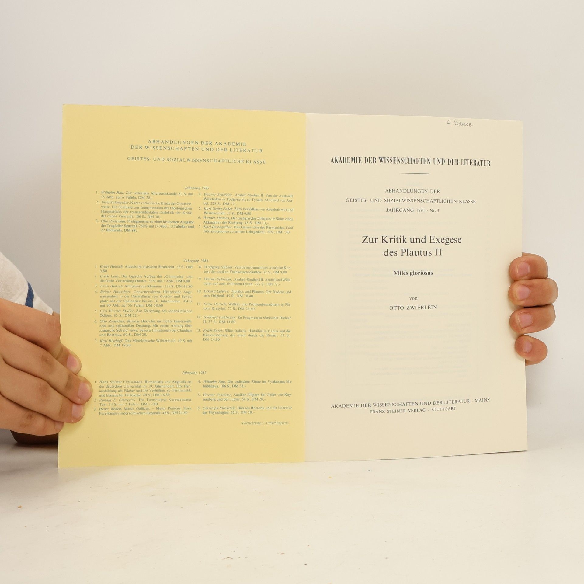 Otto Zwierlein Abhandlungen der Akademie der Wissenschaften und der Literatur - 2: Zur Kritik und Exegese des Plautus