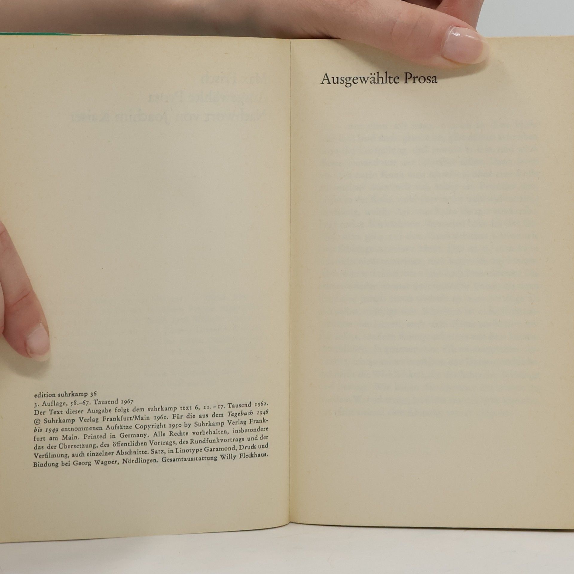 Max Frisch Ausgewählte Prosa. Nachwort von Joachim Kaiser