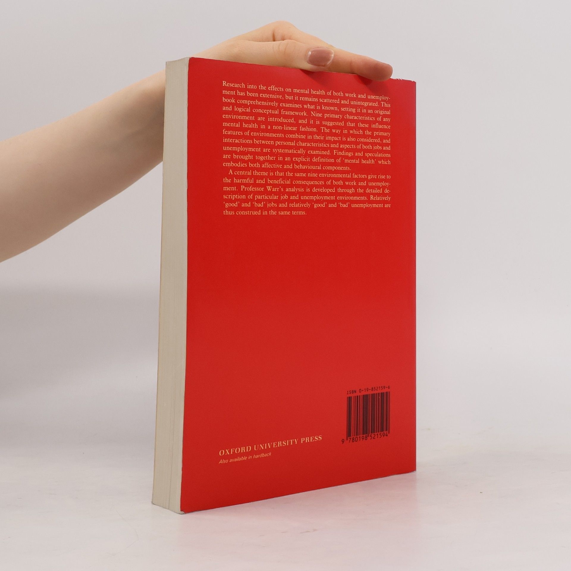 Peter Warr Work, Unemployment, and Mental Health