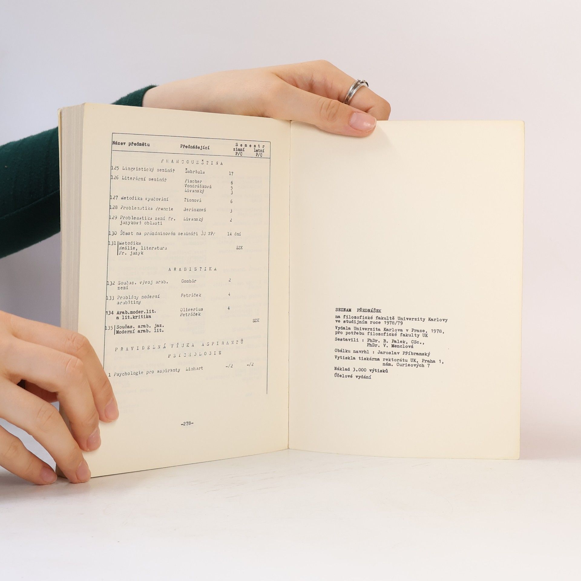 Kolektiv autorů Universitas Carolina Pragensis: Seznam přednášek na filozofické fakultě ve školním roce 1978/79