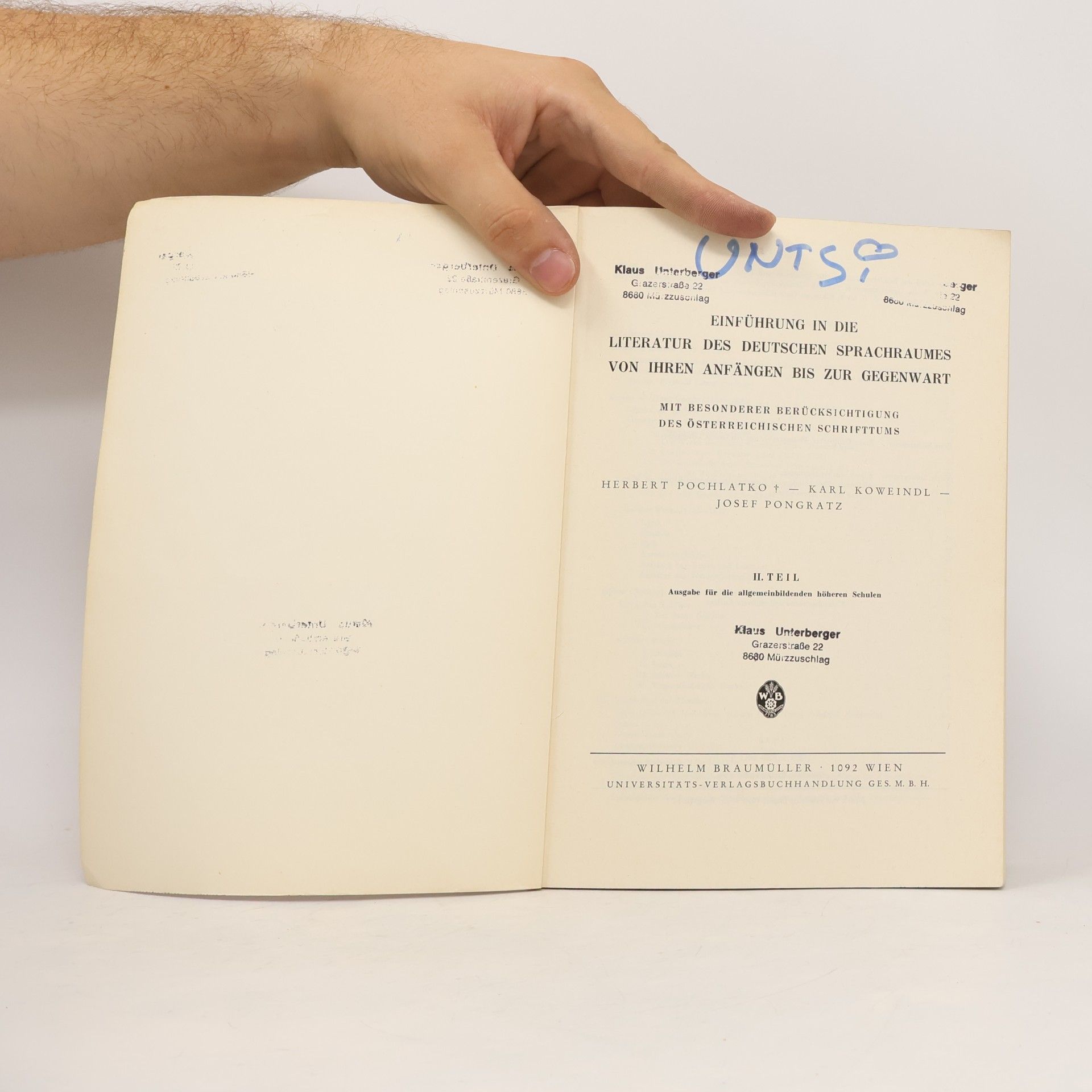 Herbert Pochlatko Einführung in die Literatur des deutschen Sprachraumes von ihren Anfängen bis zur Gegenwart. II. Teil
