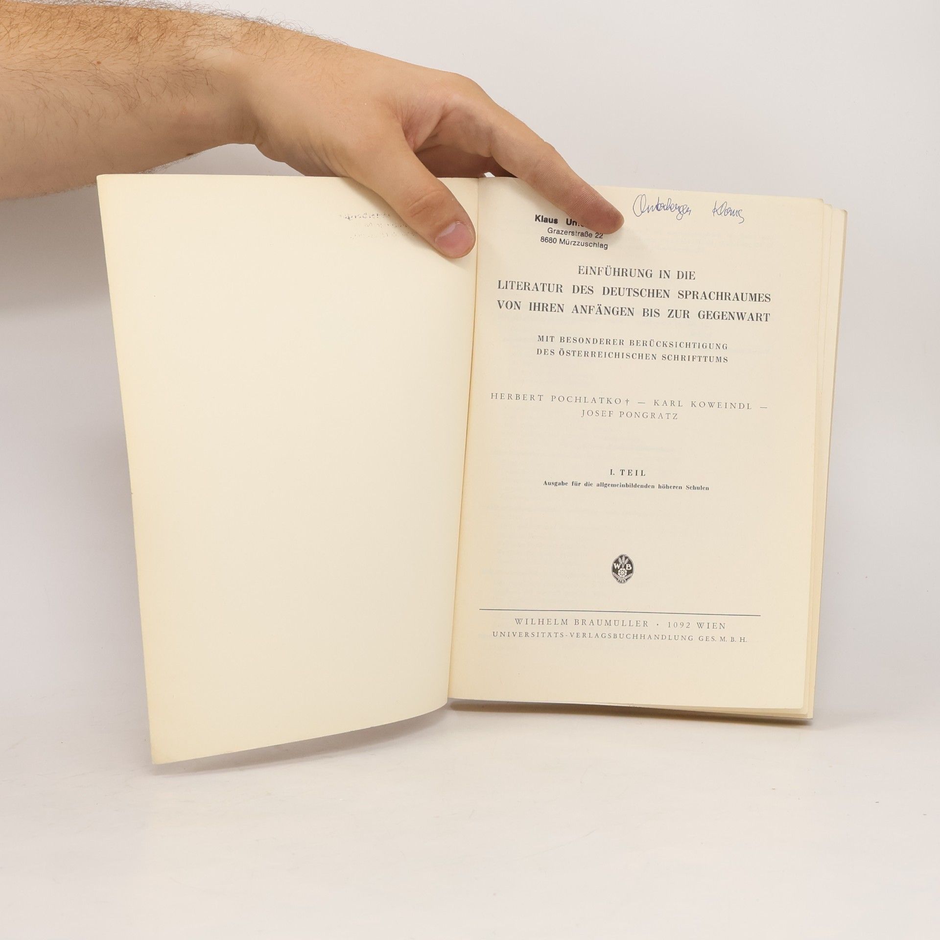 Herbert Pochlatko Einführung in die Literatur des deutschen Sprachraumes von Ihren Anfänhen bis zur Gegenwart I. Teil