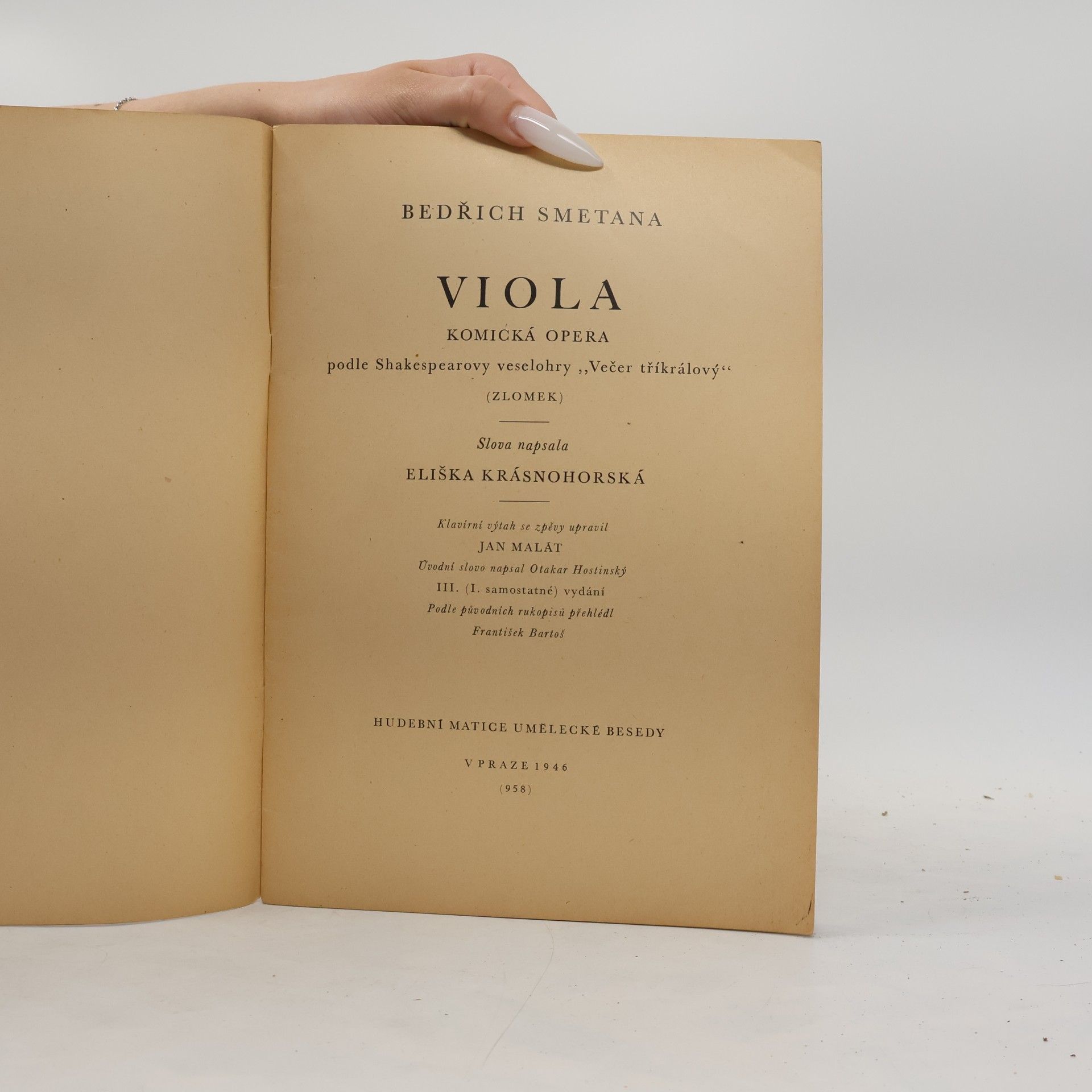 Bedřich Smetana Viola komická opera : podle Shakespearovy veselohry "Večer tříkrálový" : (zlomek)