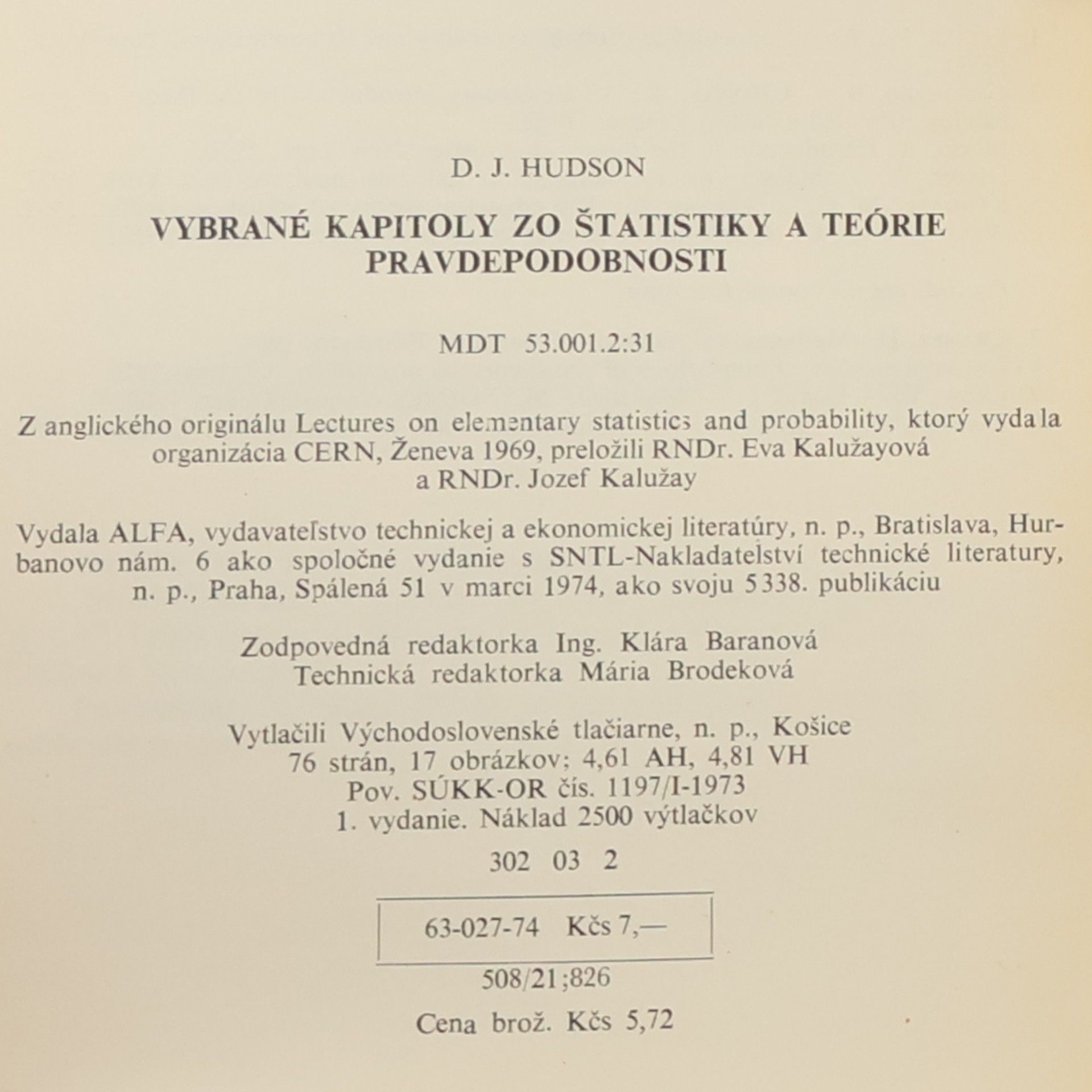 D. J. Hudson Vybrané kapitoly z štatistiky a teórie pravdepodobnosti