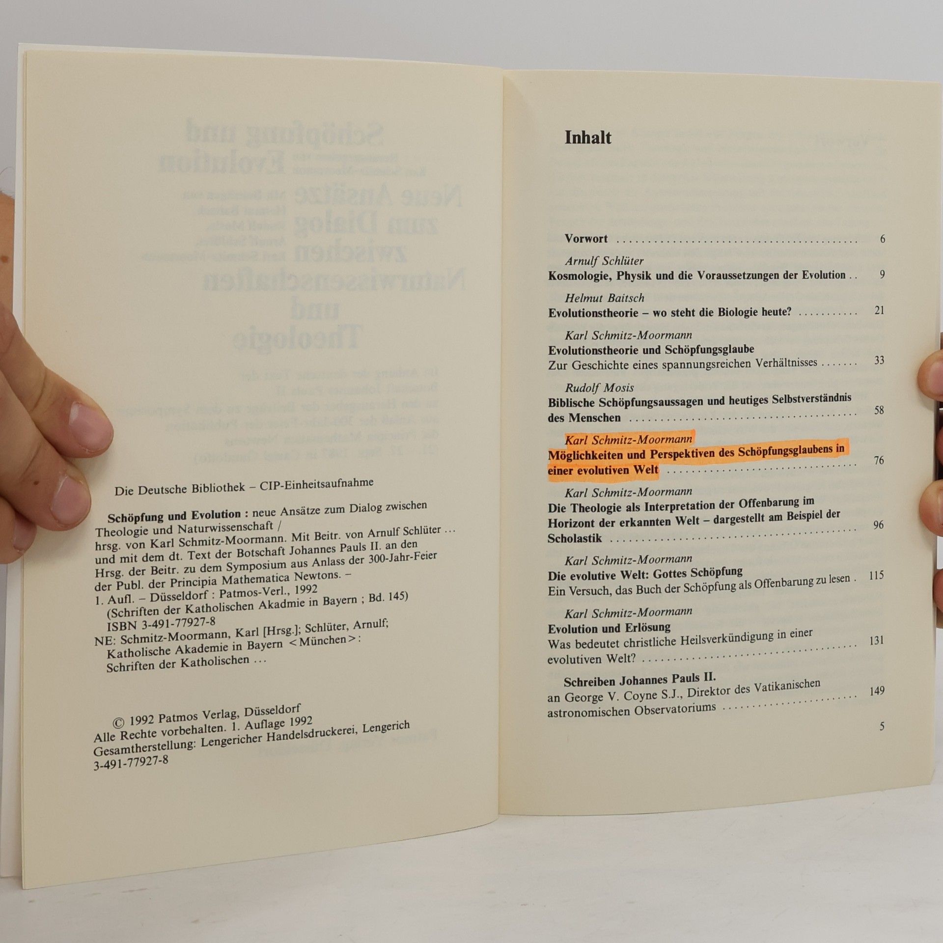 Karl Schmitz-Moormann Schriften der Katholischen Akademie in Bayern: Schöpfung und Evolution