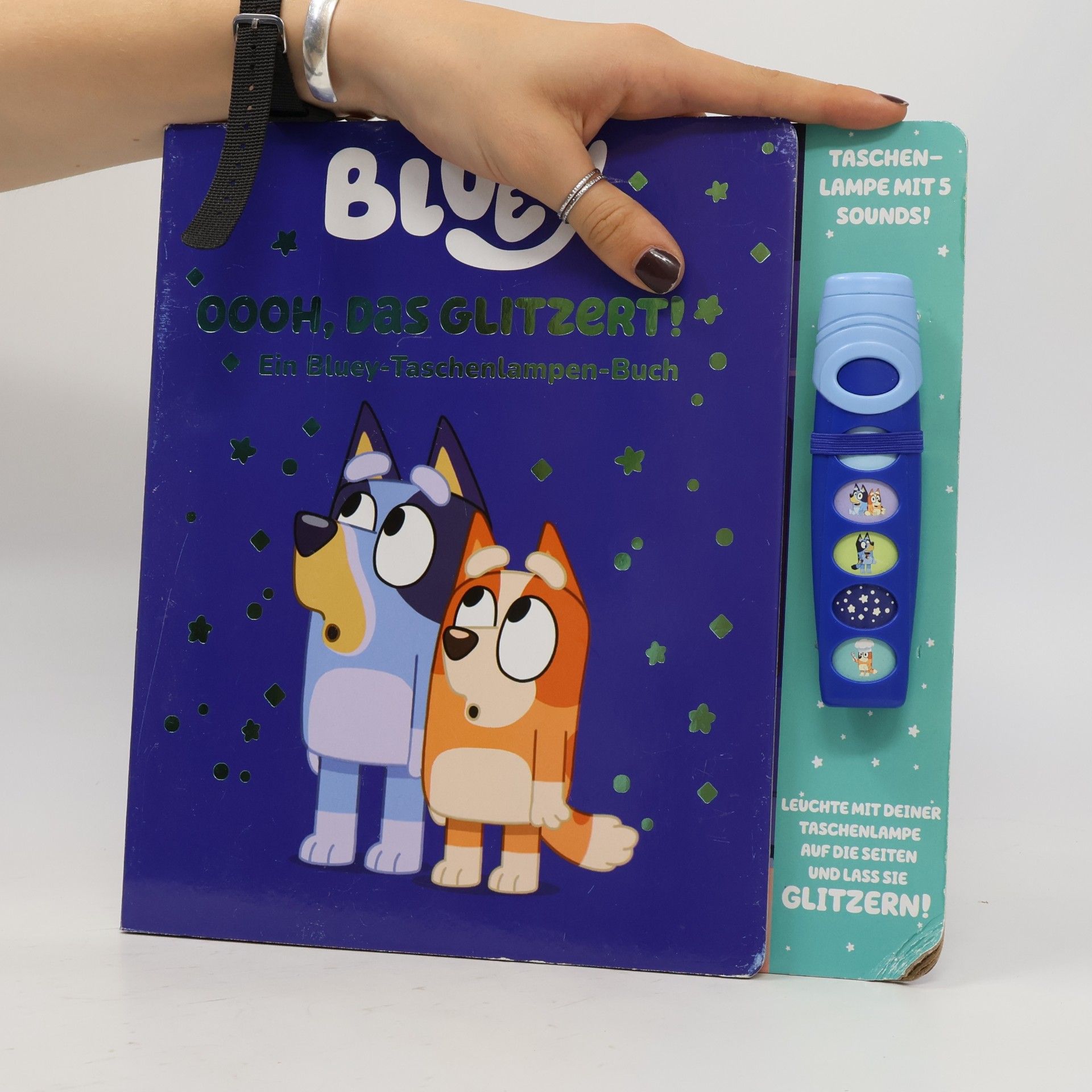 Kolektiv autorů Bluey - Oooh, das glitzert! - Interaktives Taschenlampen-Soundbuch mit 5 Geräuschen und Glitzerseiten