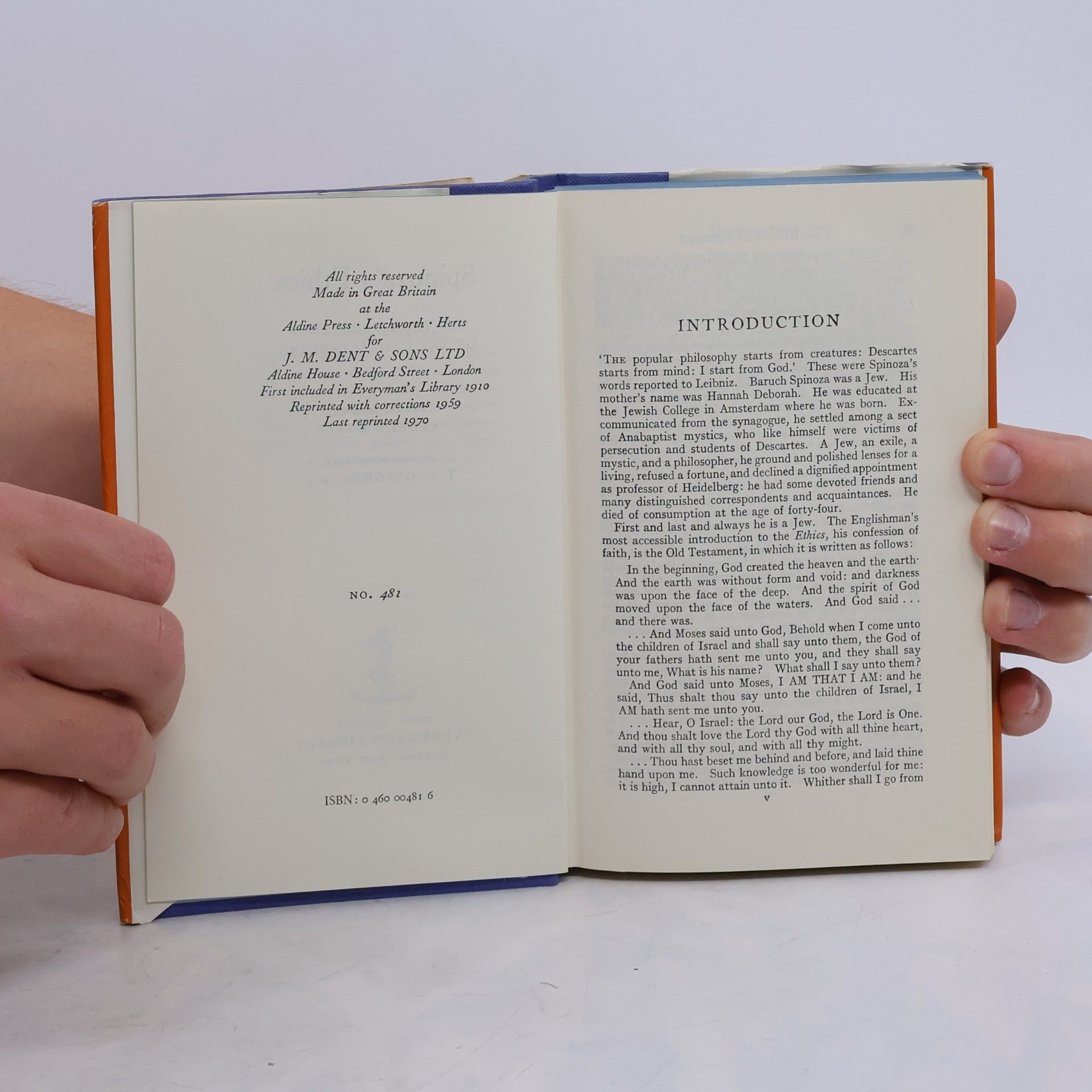 Benedictus de Spinoza Everyman's Library - 481: Ethics