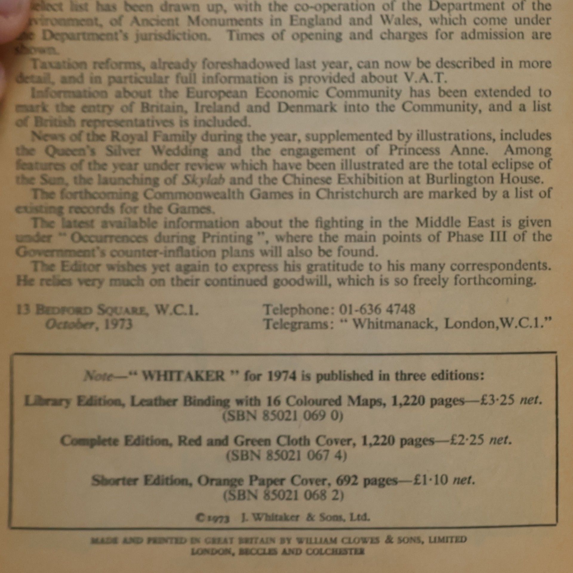 Joseph Whitaker Whitaker's Almanack 1974