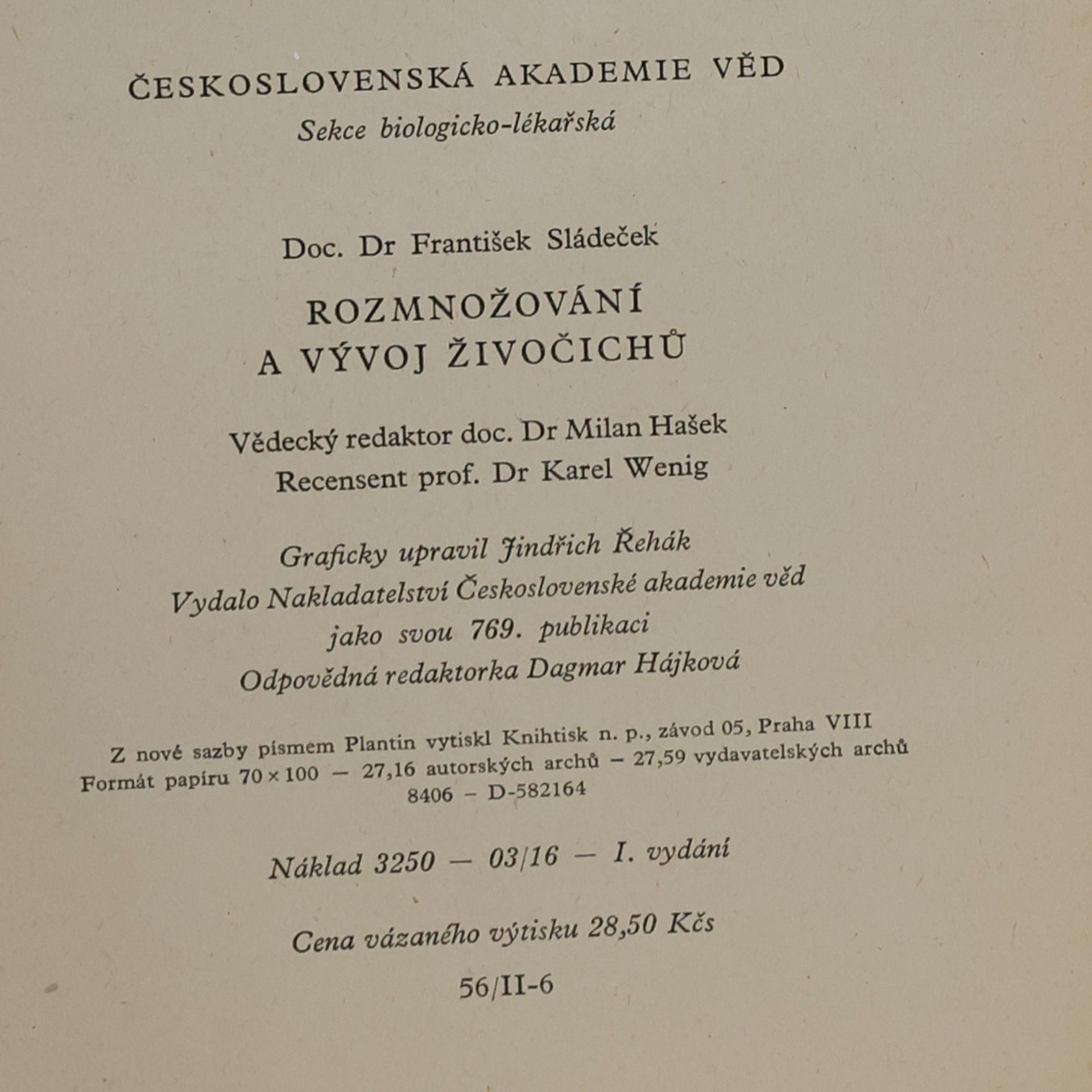 František Sládeček Rozmnožování a vývoj živočichů