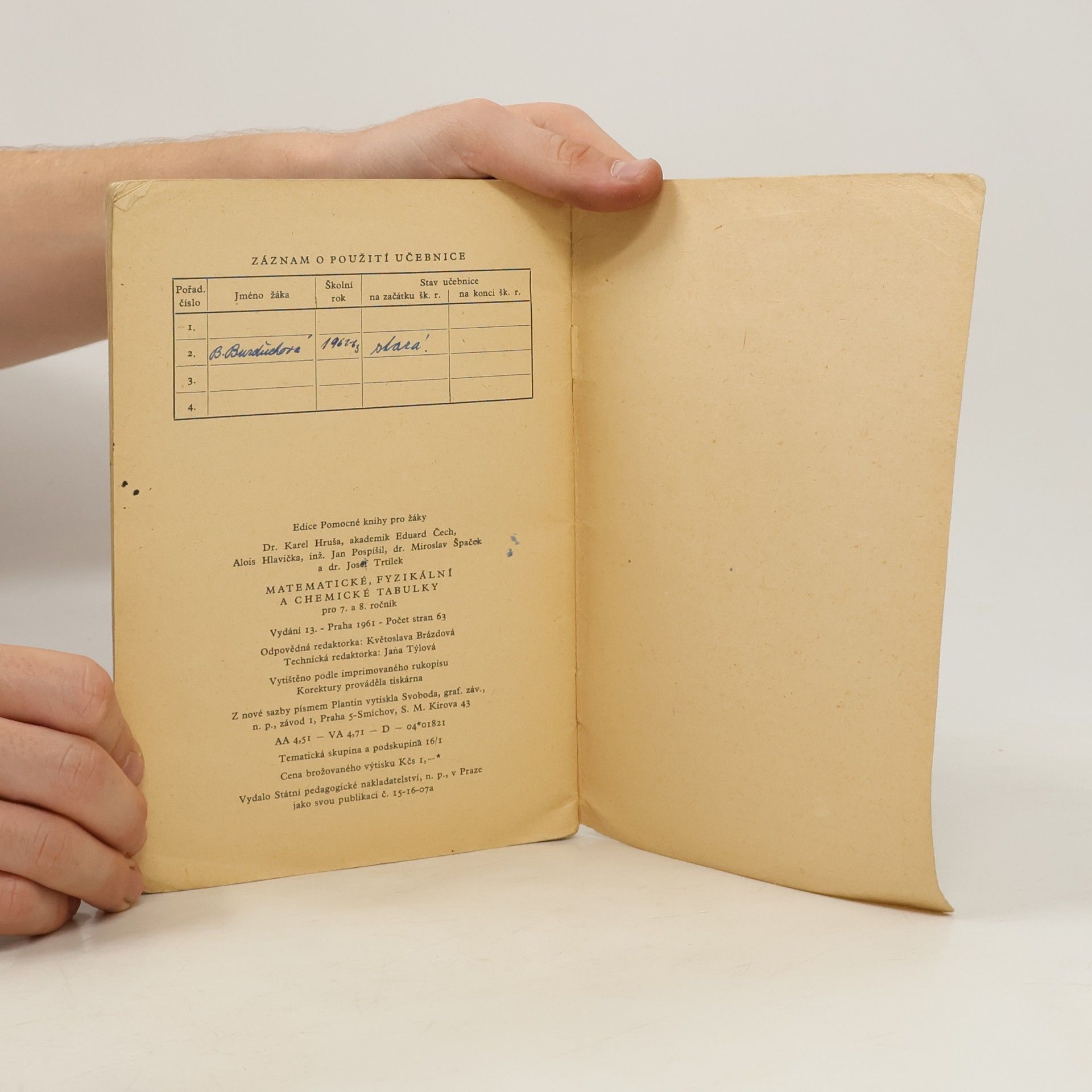 Eduard Čech Tabulky matematické, fyzikální a chemické tabulky pro 7. a 8. ročník