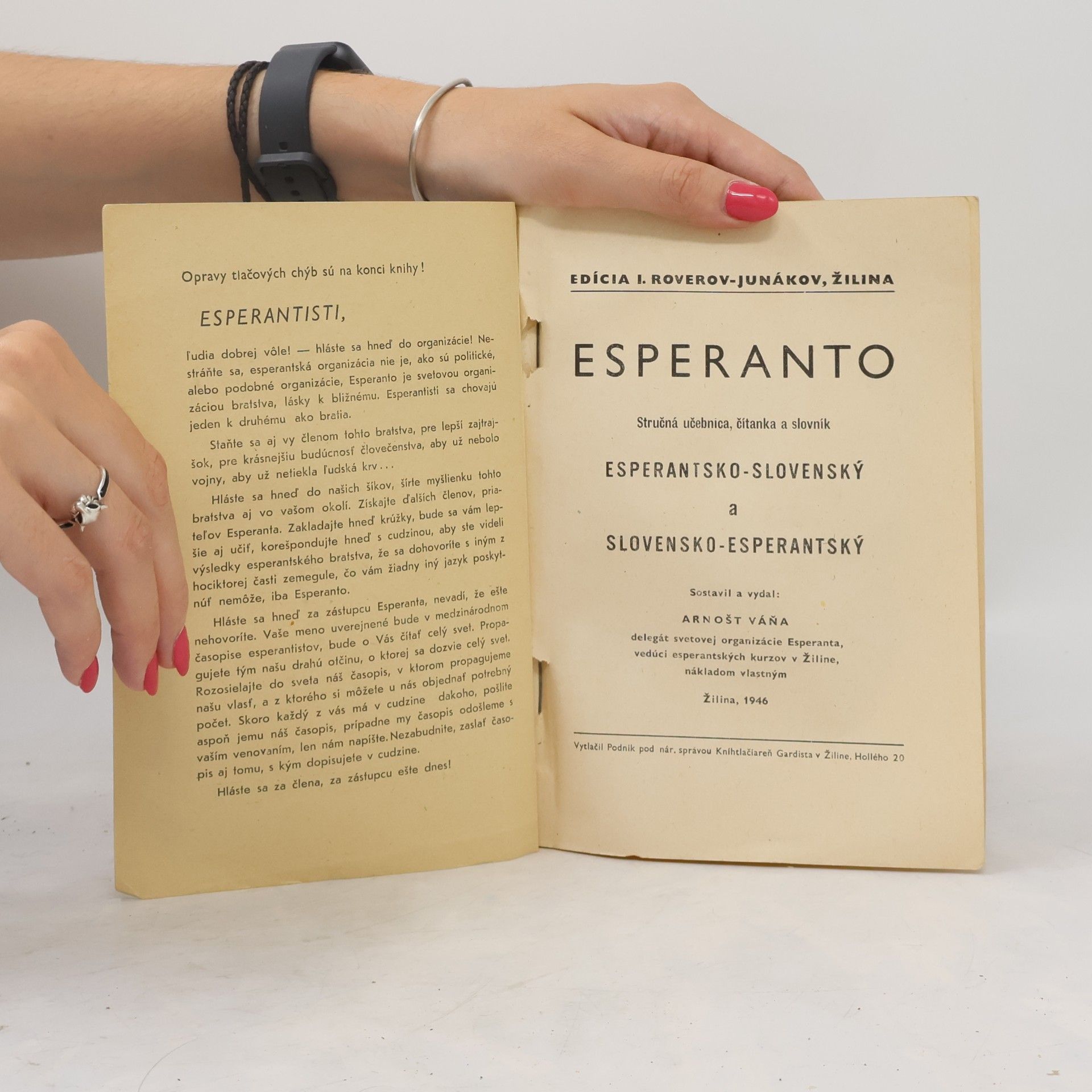 Arnošt Váňa Esperanto. Stručná učebnica, čítanka a slovník sperantsko-slovenský a slovensko-esperantský