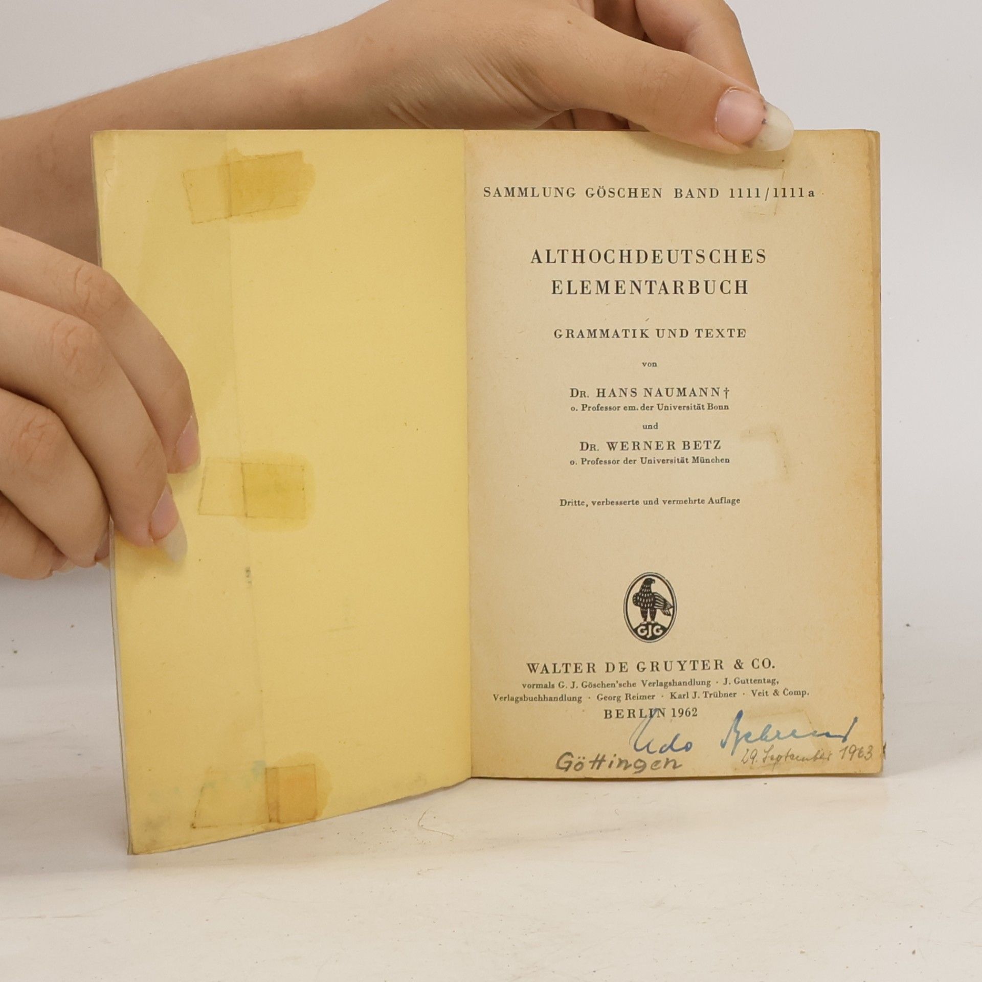 Naumann Hans Althochdeutsches Elementarbuch. Grammatik und Texte