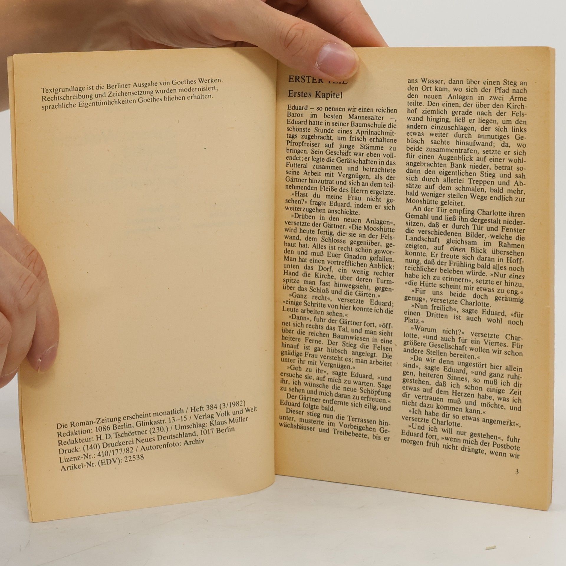 Johann Wolfgang von Goethe Romanzeitung 384. Die Wahlverwandtschaften
