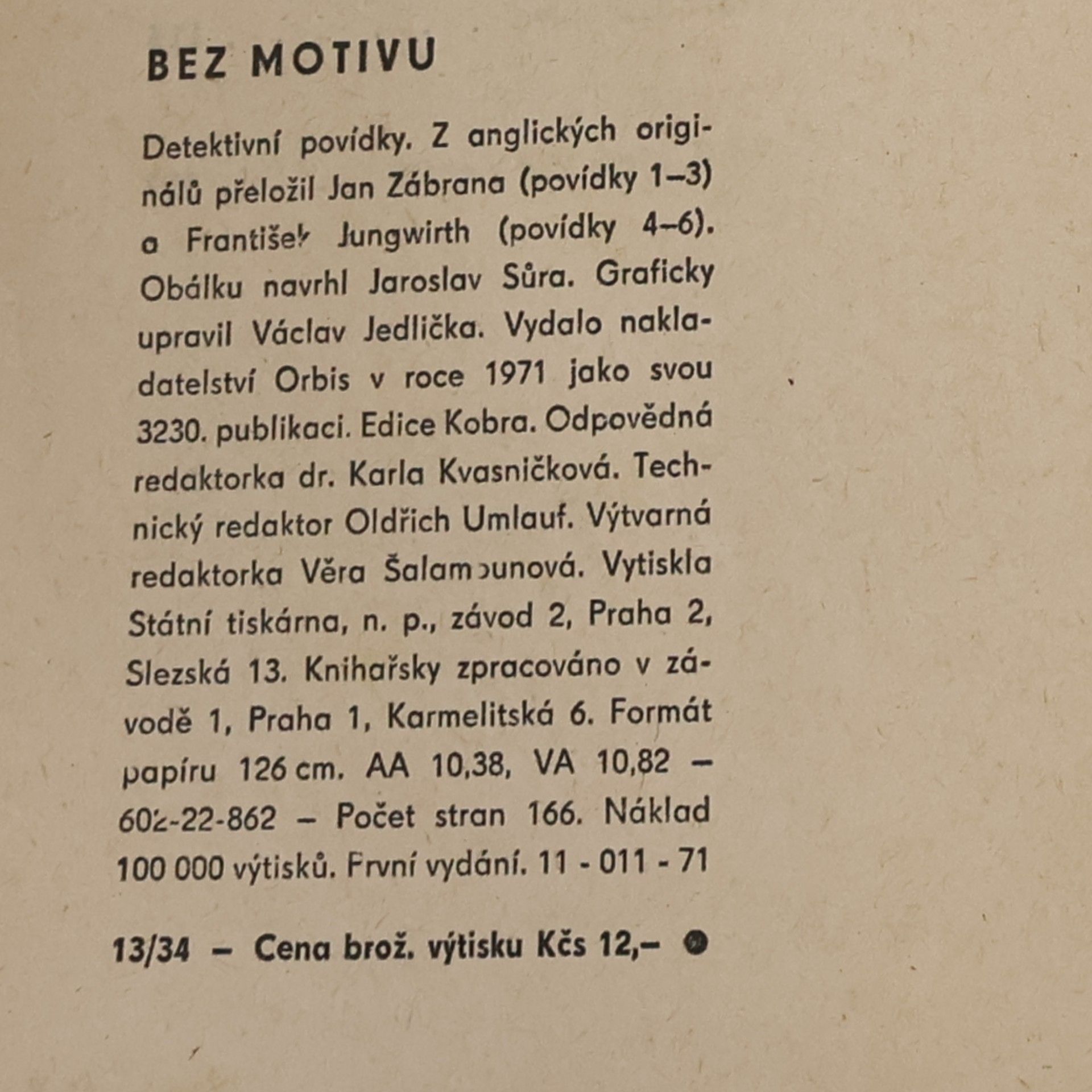 Jan Zábrana Bez motivu