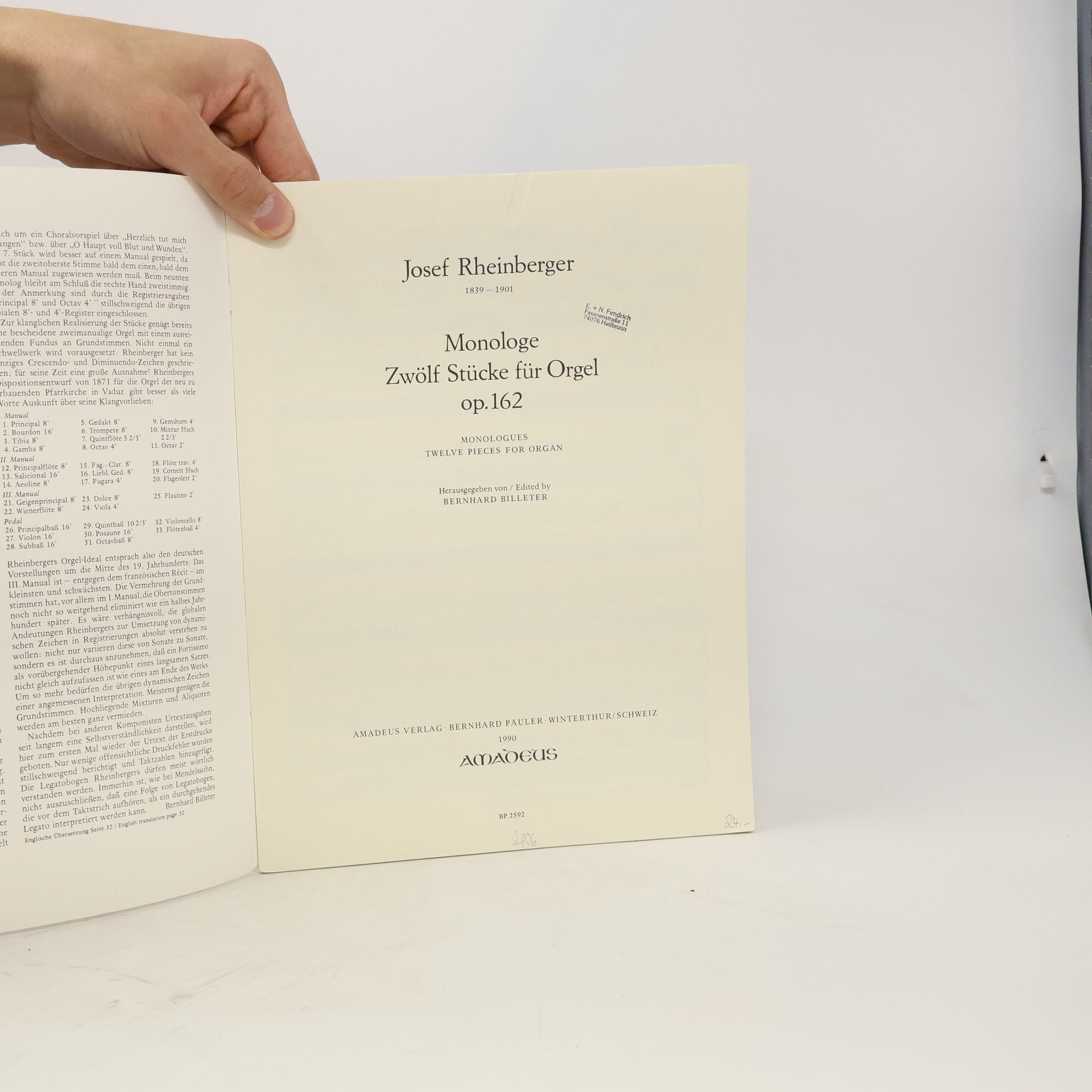 Josef Rheinberger Monologe Zwölf Stücke für Orgel op. 162