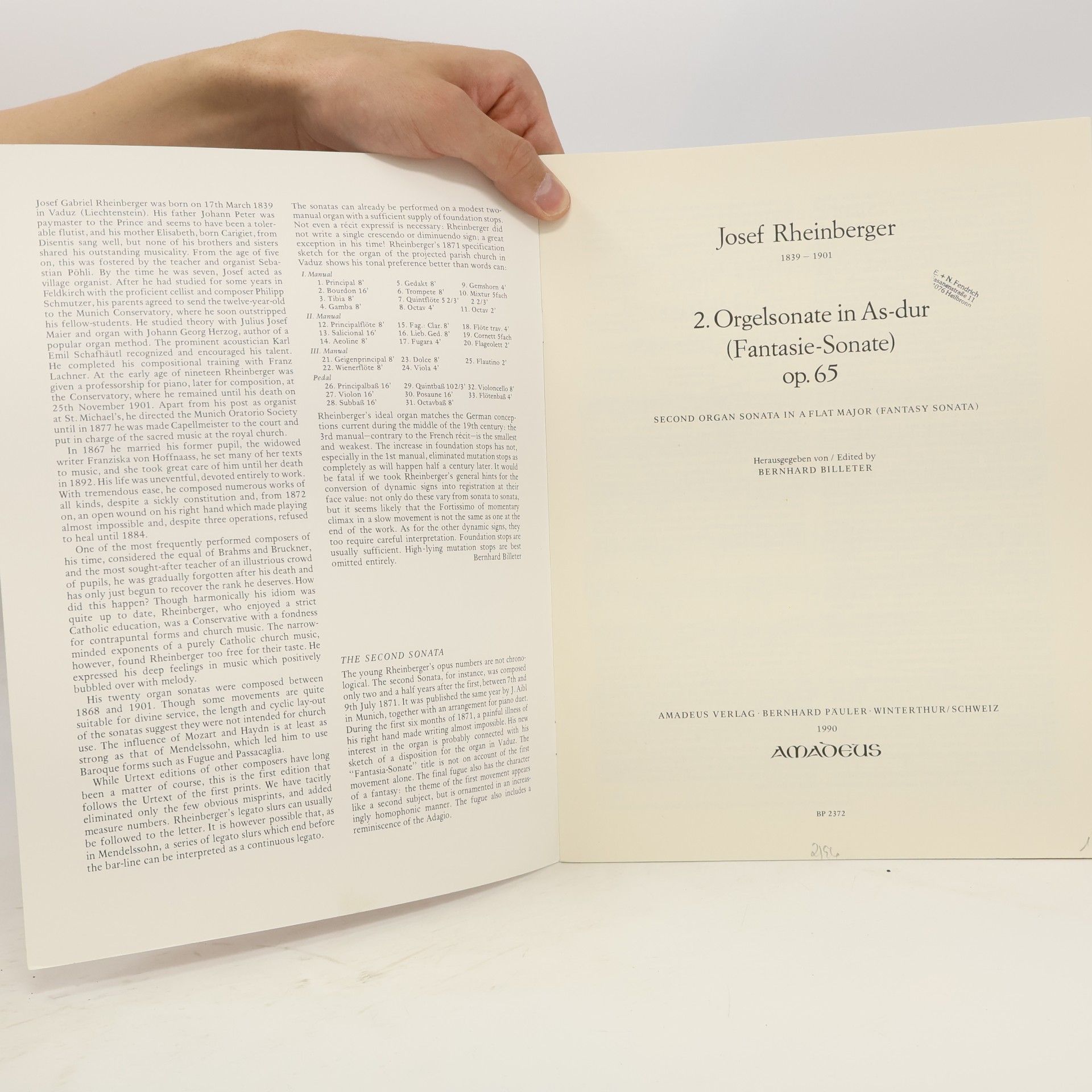 Josef Rheinberger 2. Orgelsonate in As-dur (Fantasie-Sonate) op. 65