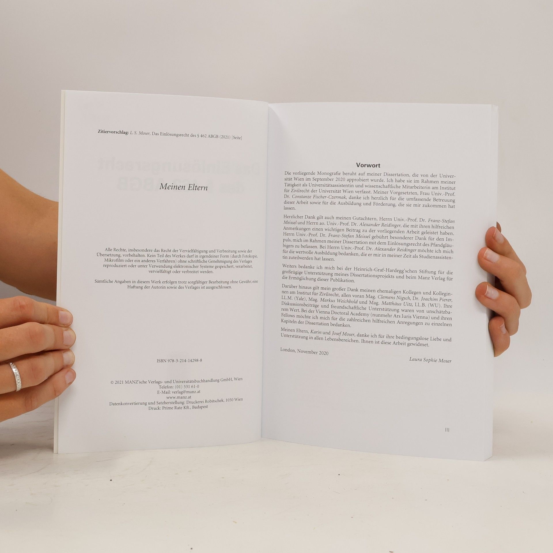 Laura Sophie Moser Manzwissenschaft: Das Einlösungsrecht des § 462 ABGB