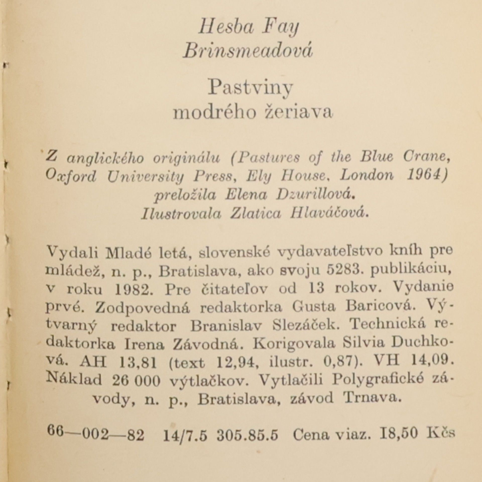 H. F. Hesba Fay Brinsmead Pastviny modrého žeriava