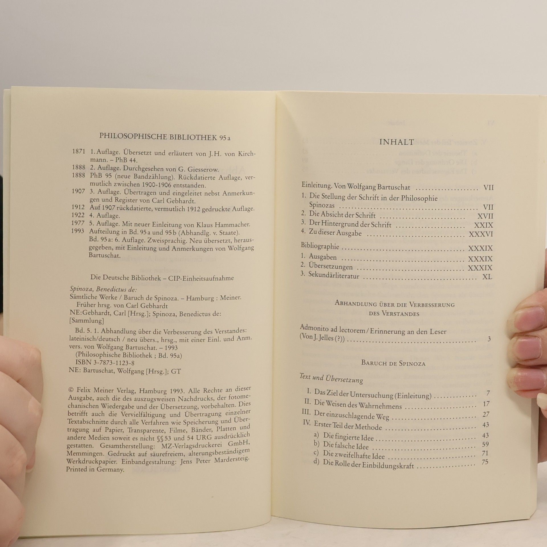 Baruch Spinoza Philosophische Bibliothek - 95a: Abhandlung über die Verbesserung des Verstandes
