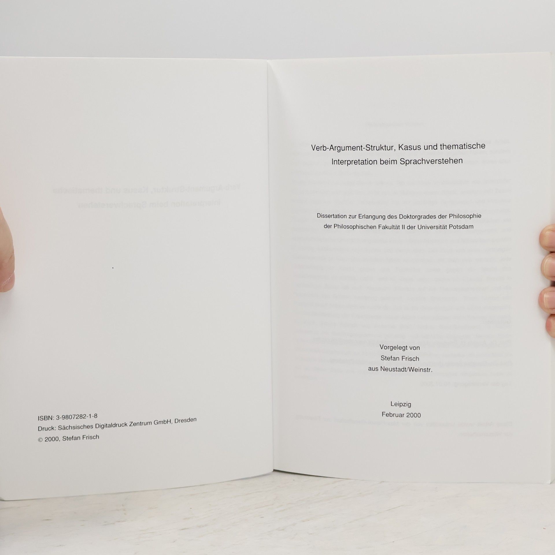 Stefan Frisch Max-Planck-Series in Human Cognitive and Brain Sciences - 12: Verb-Argument-Struktur, Kasus und thematische Interpretation beim Sprachverstehen