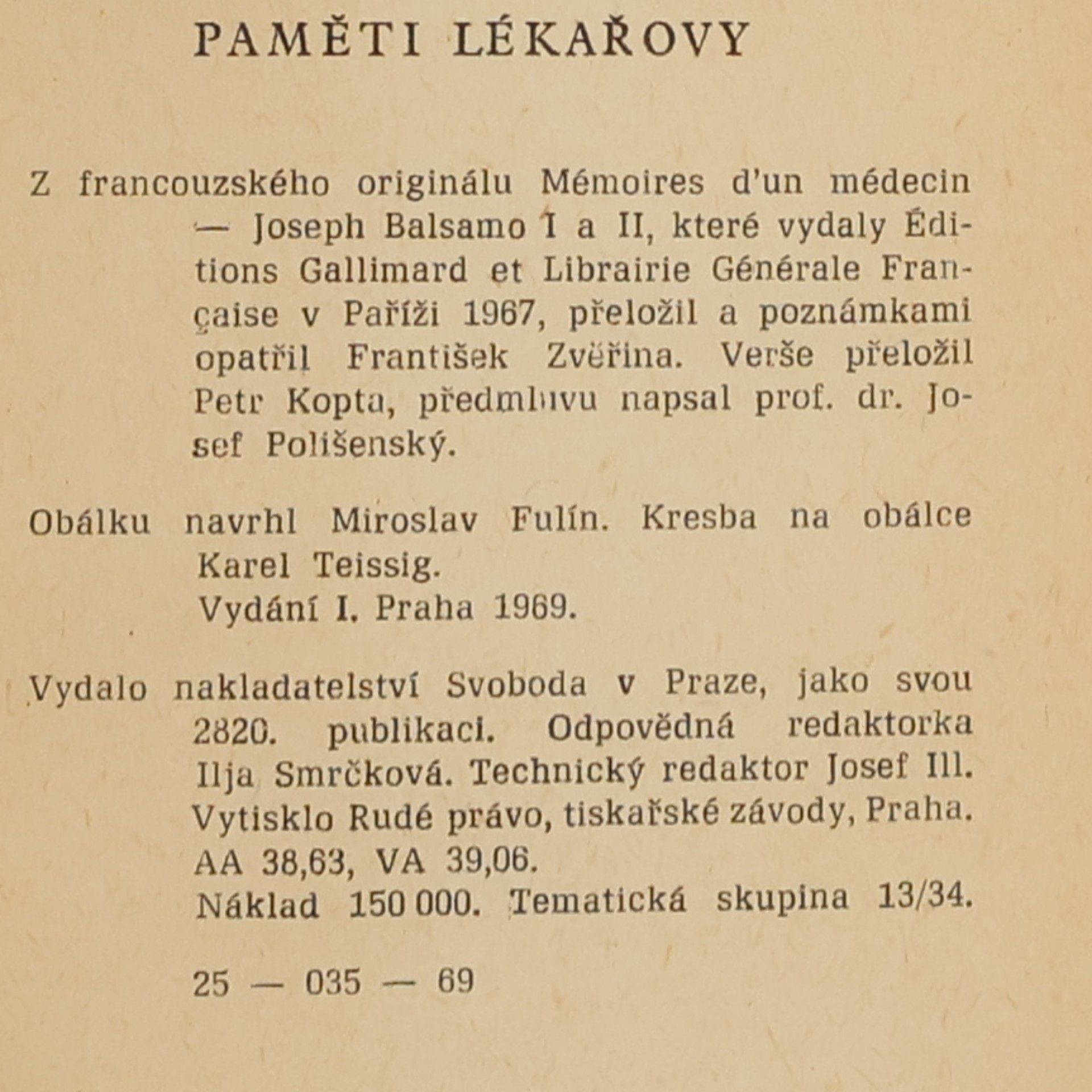 Alexandre Dumas starší Paměti lékařovy I-II. Josef Balsamo